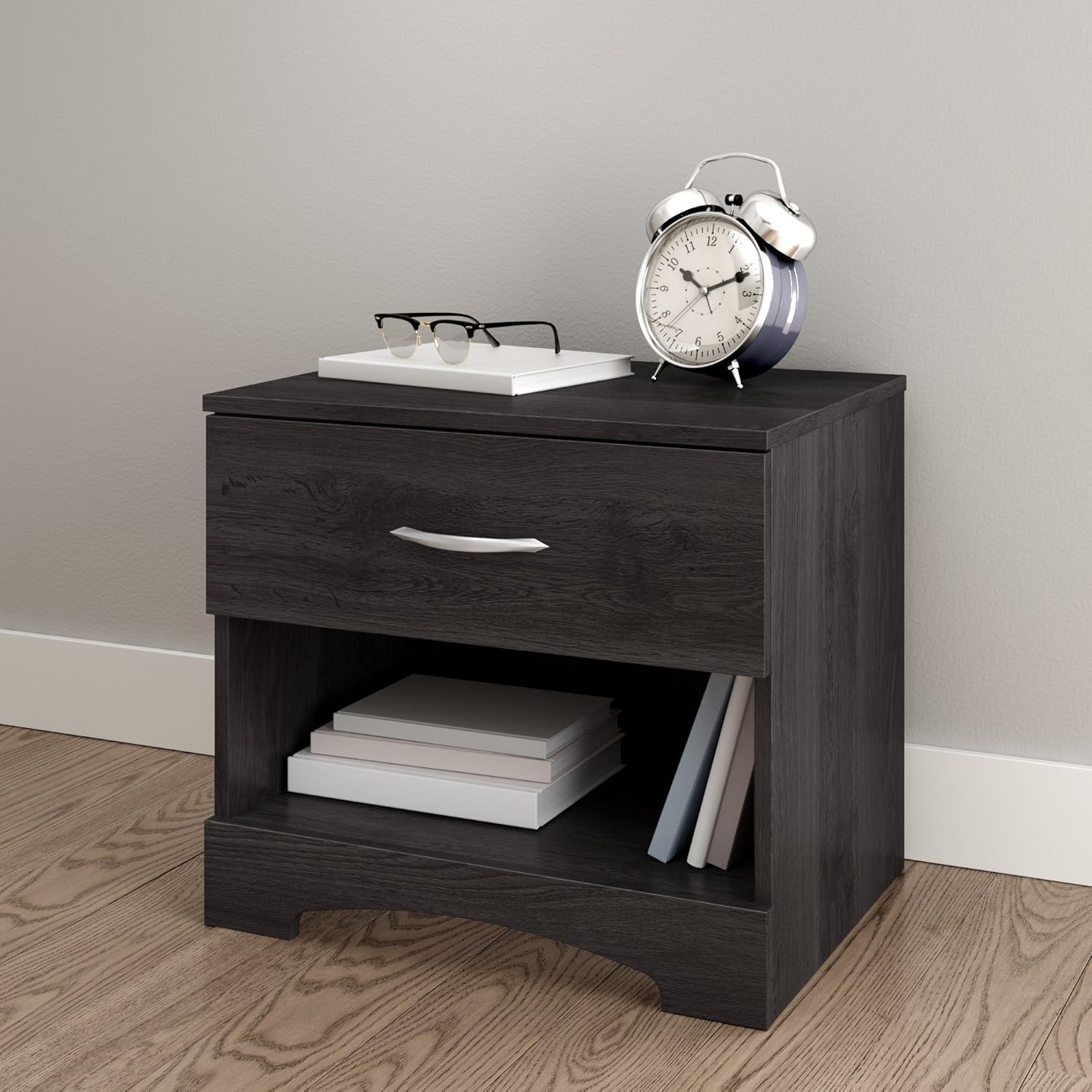 South Shore Step One 1-Drawer Nightstand, Pure Black with Matte Nickel Handles