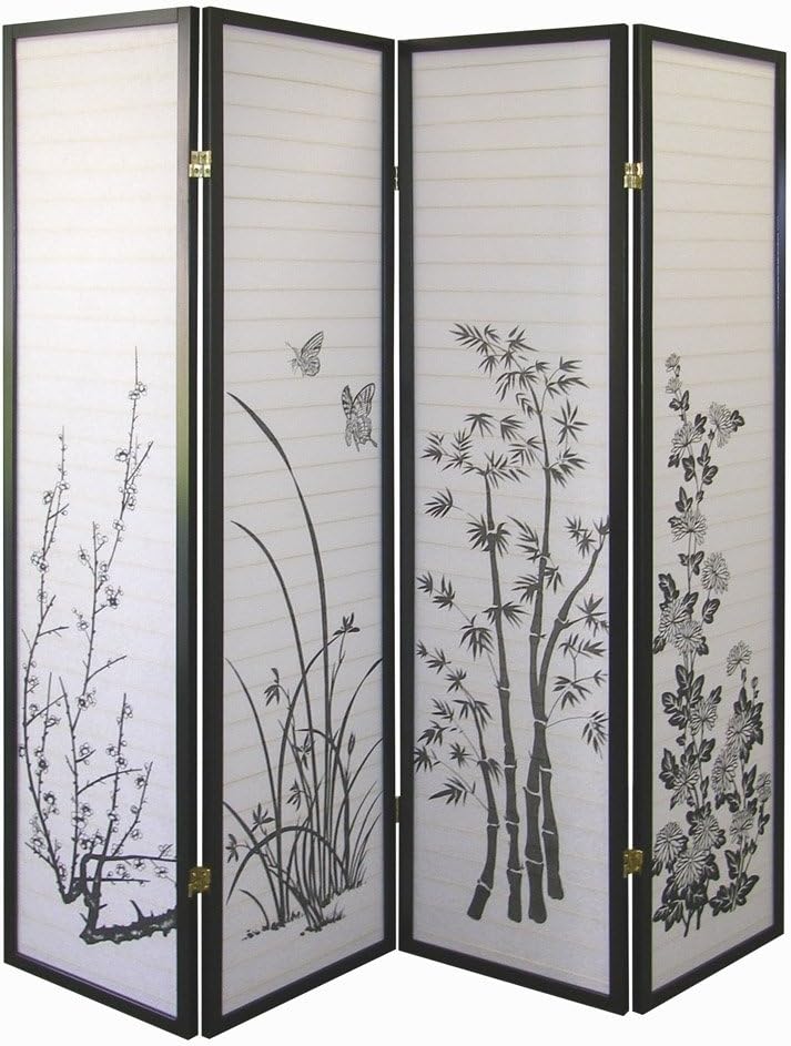 ORE International Black 4-Panel Bamboo Floral Room Divider Screen