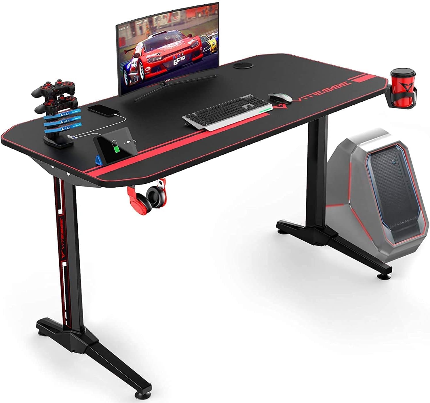 VITESSE VIT 63 Inch Ergonomic Gaming Desk, T-Shaped Office PC Computer Desk with Desk Mouse Pad, Gamer Tables Pro with USB Gaming Handle Rack, Stand Cup Holder&Headphone Hook (63 inch, Black).