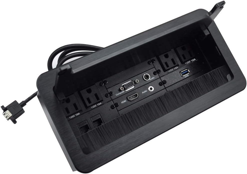 Table Power Brush Connectivity Box with 4 AC Power + 2 RJ45（CAT6） + 2 Audio 3.5mm + 1 VGA + 1 HDMI + 1 USB 3.0 (Female to Female) with 5.58ft Power Cord (Silver)