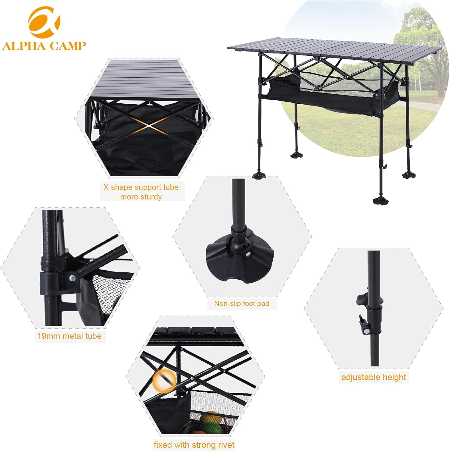 ALPHA CAMP Camping Table Outdoor Portable Table with Storage Adjustable Aluminum Table for Grill Travel Table Outdoor Picnic,Beach,BBQ,Backyards