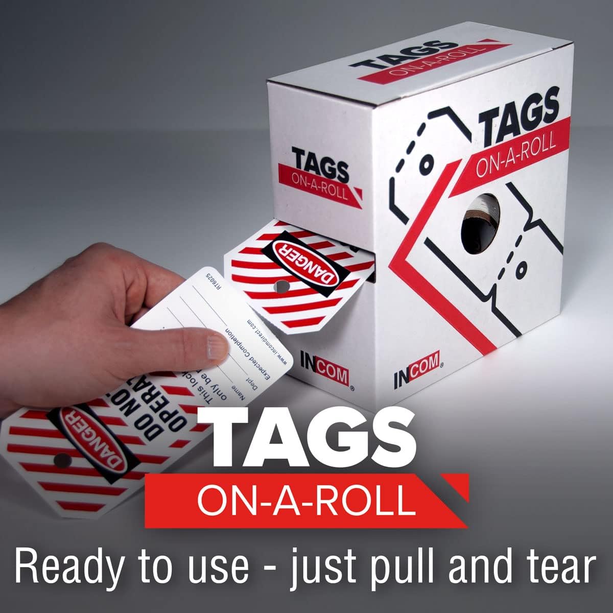 Lockout Tags On A Roll, Danger Locked Out | Heavy-Duty Polytag Stock | Waterproof and Tear-Resistant | Red/Black On White | 6.25 Inches X 3 Inches X 10 Mil Thickness (RT6027) (250)