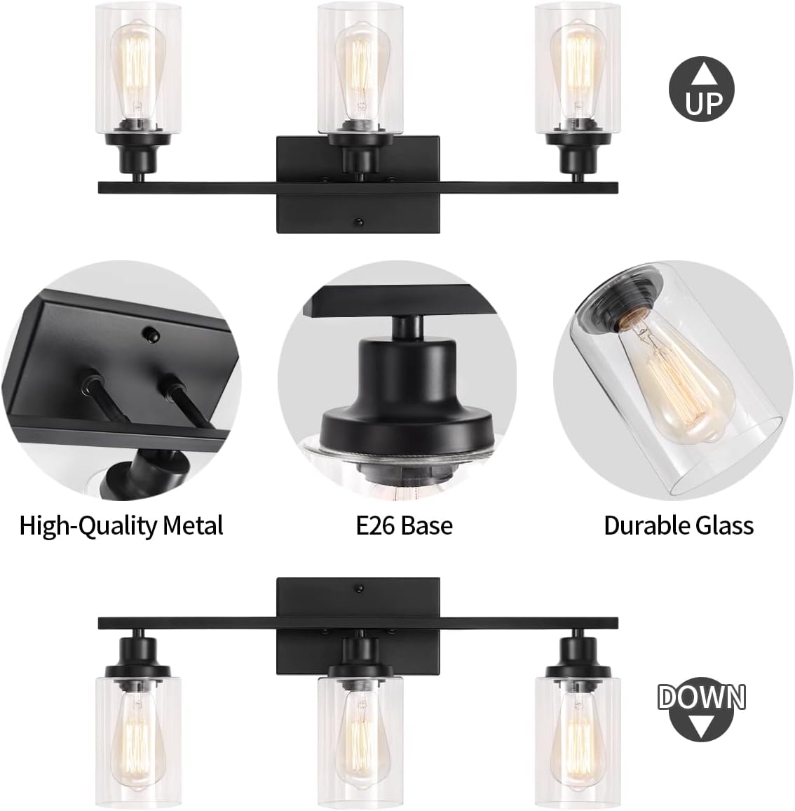 3-Lights Bathroom Light Fixtures, Black Bathroom Vanity Lights Over Mirror, Farmhouse Vanity Wall Sconces Lighting with Clear Glass Shade