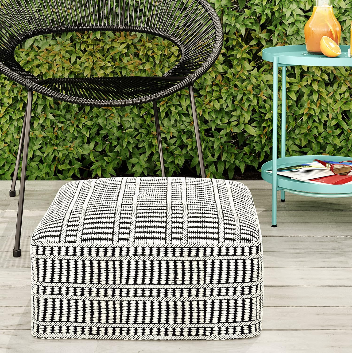 SIMPLIHOME Safford Boho Square Woven Pouf in Black and White Recycled PET Polyester for the Living Room, Family Room, Bedroom and Kids Room