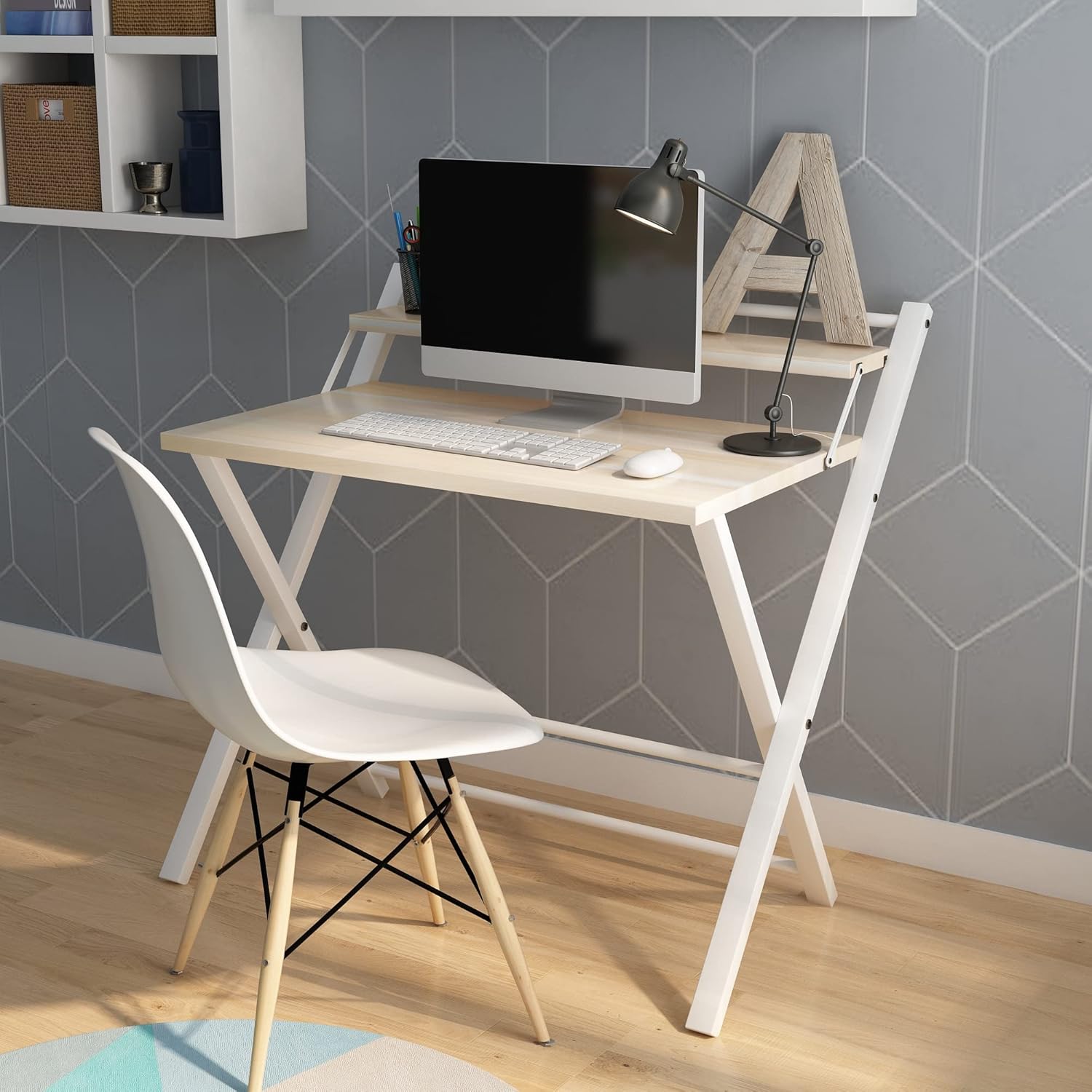 AWQM Folding Computer Desk No Assembly Required, 2-Tier Wooden Writing Desk, Space Saving with Shelf, Foldable Tables for Gaming, Study, Home Office, Beige/33.8