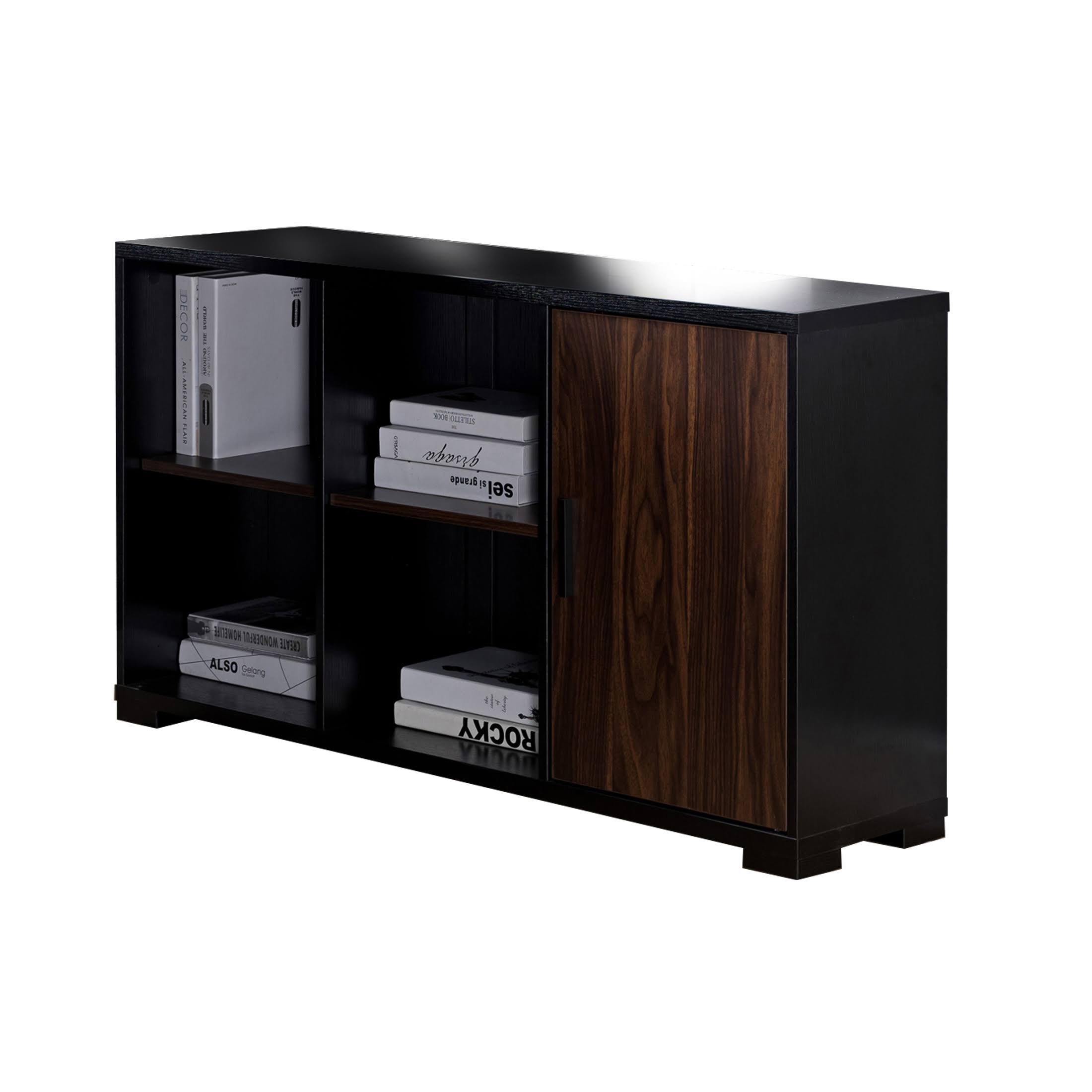 Wooden Desk Return with 4 Shelves and 1 Door Cabinet, Brown and Black