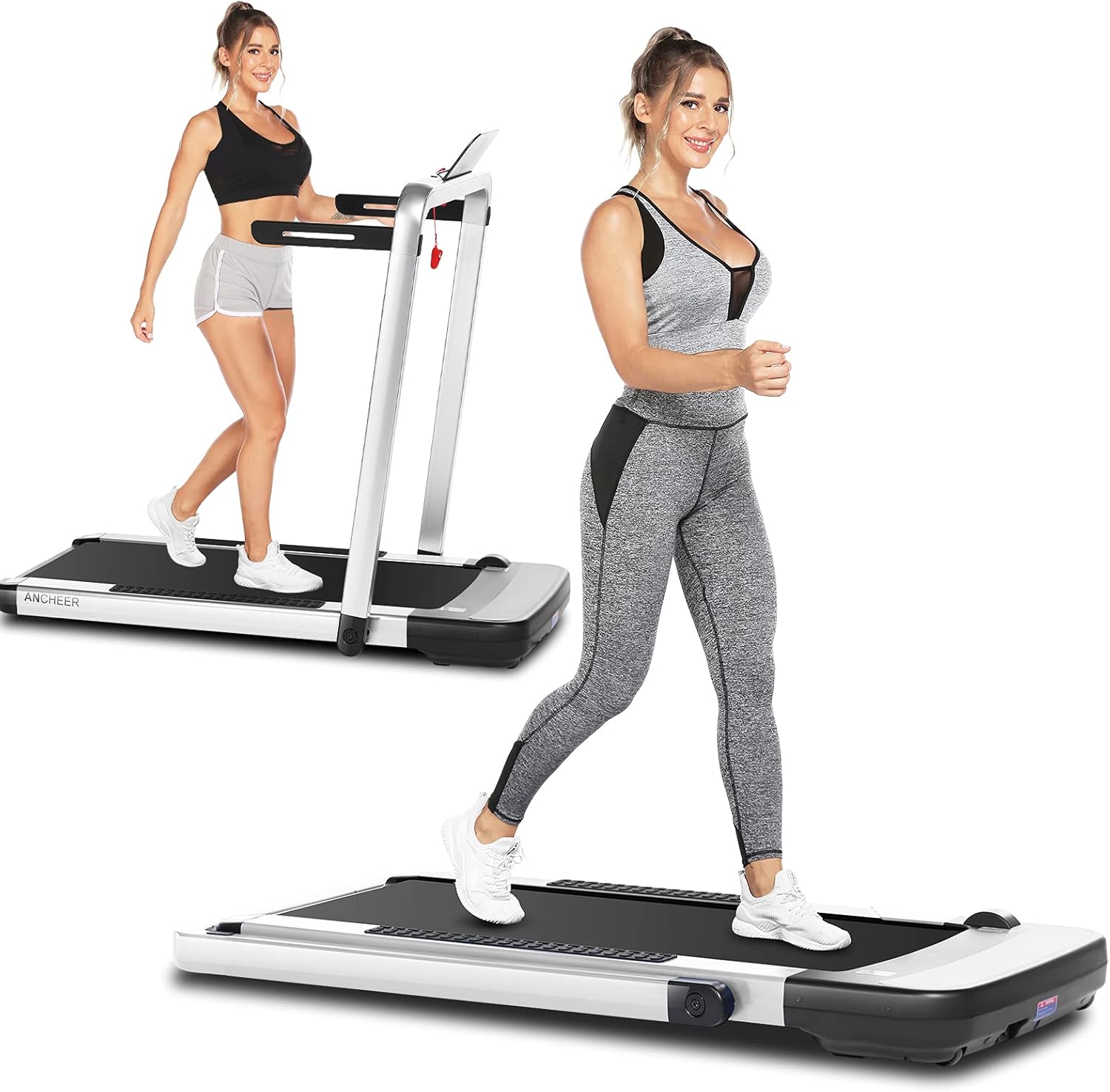 ANCHEER 2 in 1 Folding Treadmill, Portable Under Desk Treadmill for Home Gym Office, Electric Compact Running Walking Machine with App & Remote Control, LCD Display, No Assembly