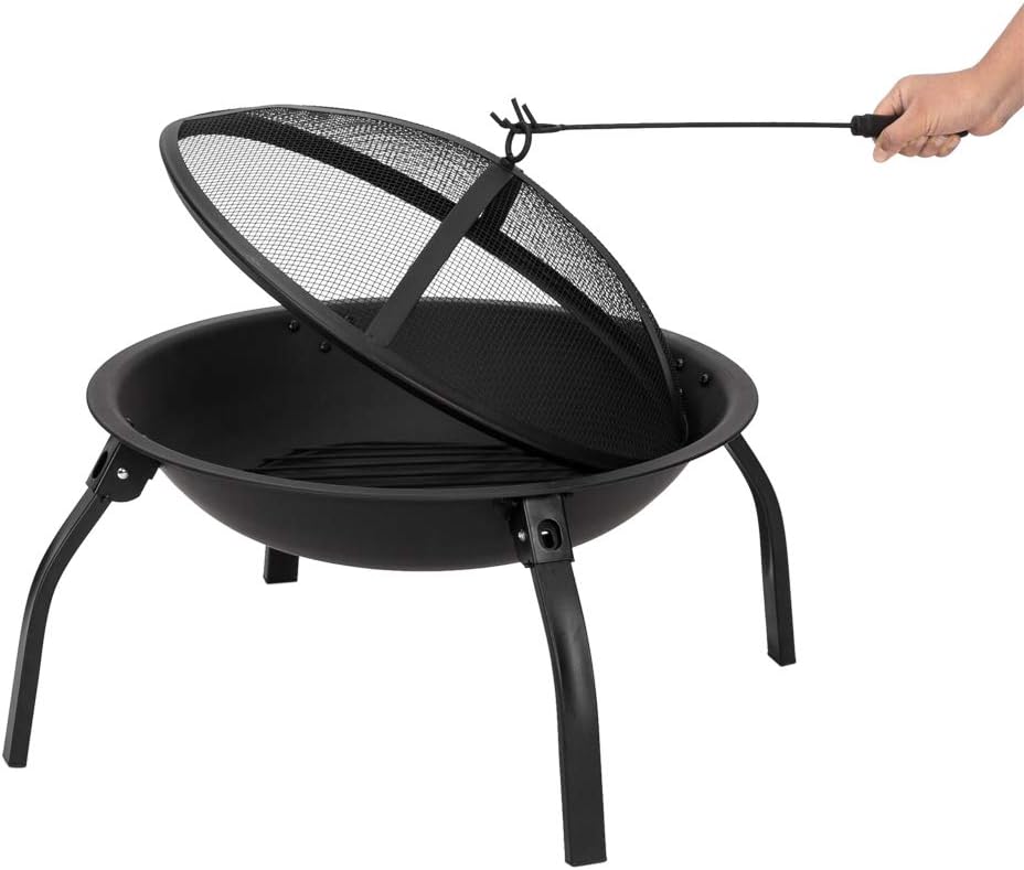 22&rdquo; Fire Pit,Outdoor Wood Burning Steel BBQ Backyard with Cooking Grill,Four - Legged Folding Iron Brazier Fire Pit Bowl Set,Round Spark Screen,for Camping Picnic,Garden,Beaches,Park,Bonfire