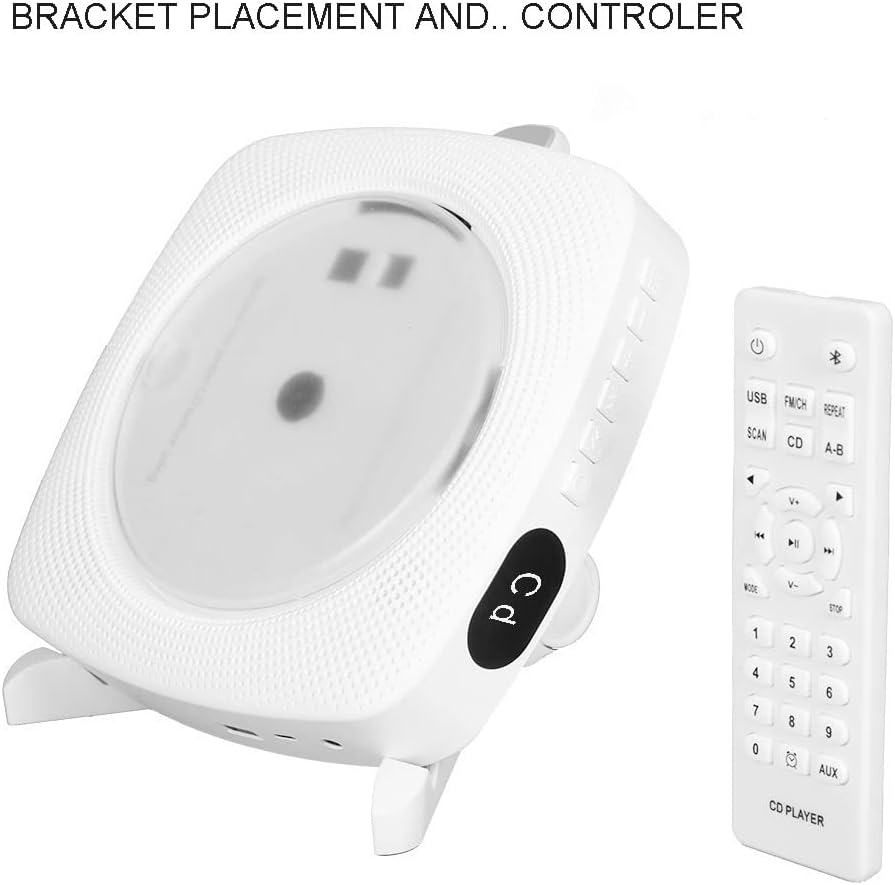 Bluetooth Portable CD Player with Speakers, Wall Mounted CD Player with FM Radio, USB Read, AUX Line, Placement Desktop or on Bracket, Remote Controllable, Compatible Formats, Wired Powered Pack of 2