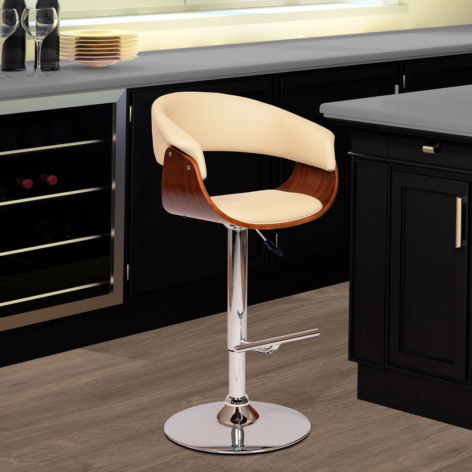 Armen Living Paris Swivel Barstool in Black Faux Leather and Chrome Finish