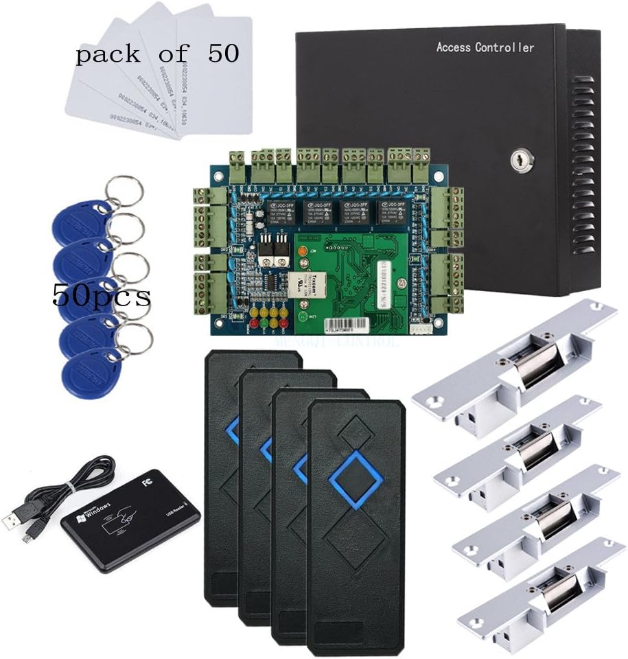 TCP/IP 4 Door Entry Access Control Panel Kit Electric Strike Fail Secure NO Mode Lock Enroll RFID USB Reader 110-240V Power Supply Box RFID Reader Phone APP remotely Open Door