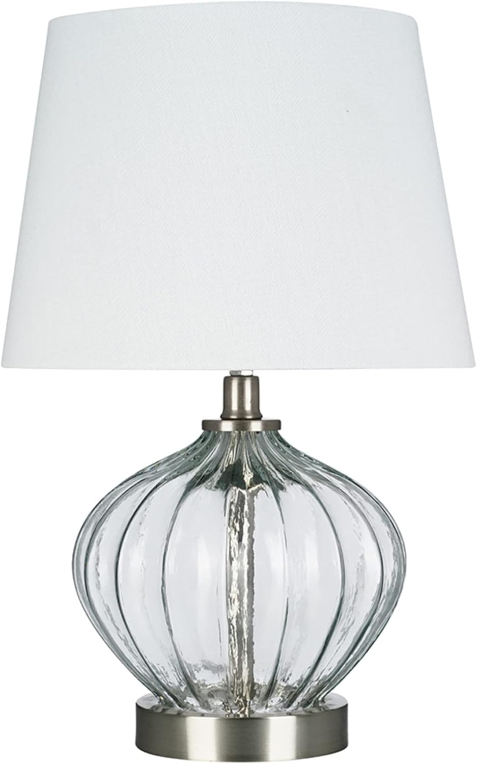 Catalina 21541-001 Transitional 2-Way Ribbed Round Clear Glass Accent Table Lamp with Linen Shade, LED Bulb Included, 16.5