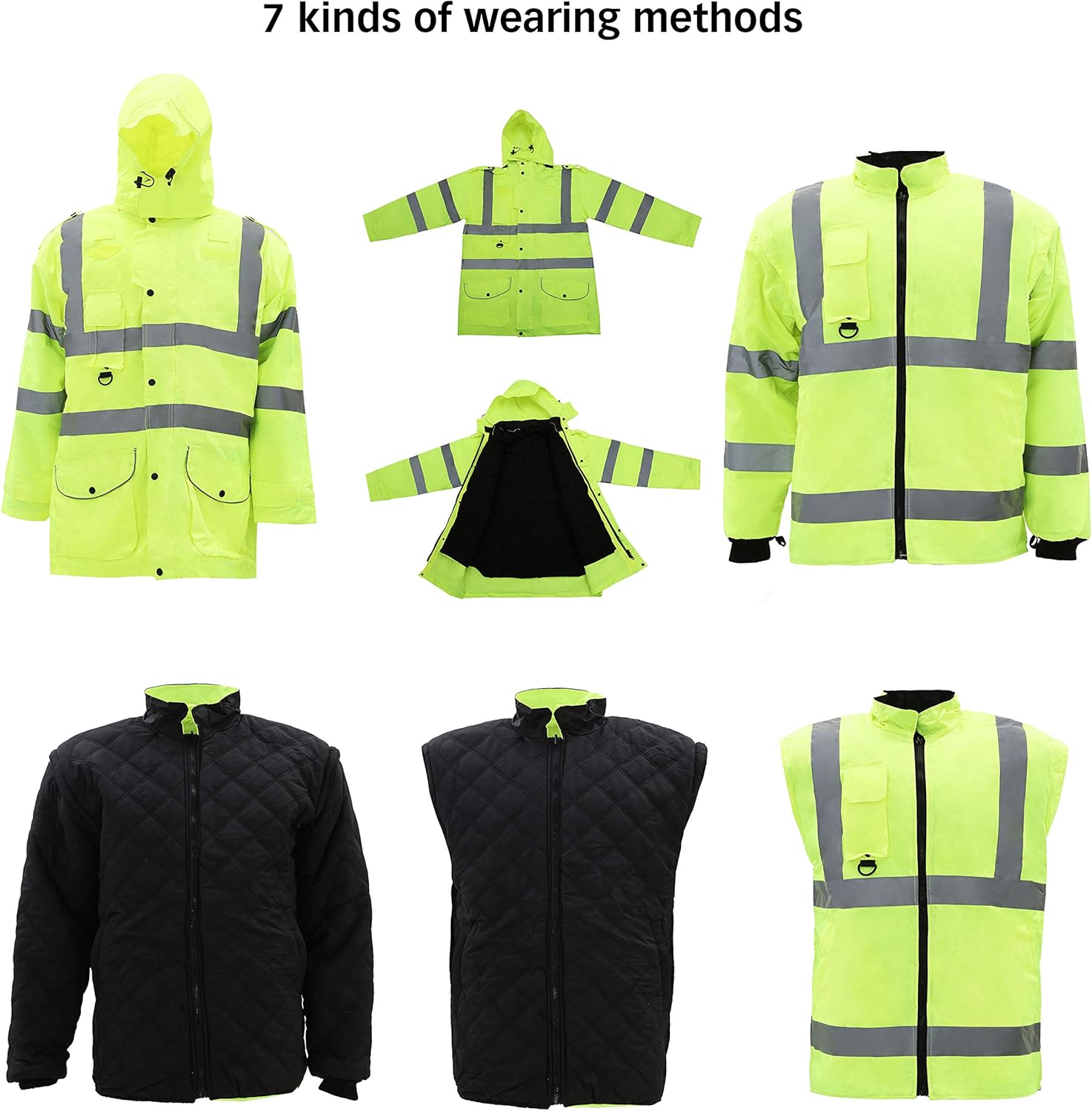 Holulo Waterproof Safety Jcaket High-Visibility Clothes Neon Yellow 7-in-1 Reflective Bomber Jacket Zipper XL