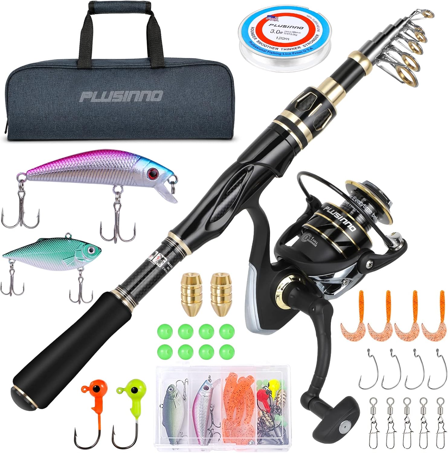 PLUSINNO Fishing Rod and Reel Combos Set,Telescopic Fishing Pole with Spinning Reels, Carbon Fiber Fishing Rod for Travel Saltwater Freshwater Fishing Pack of 2