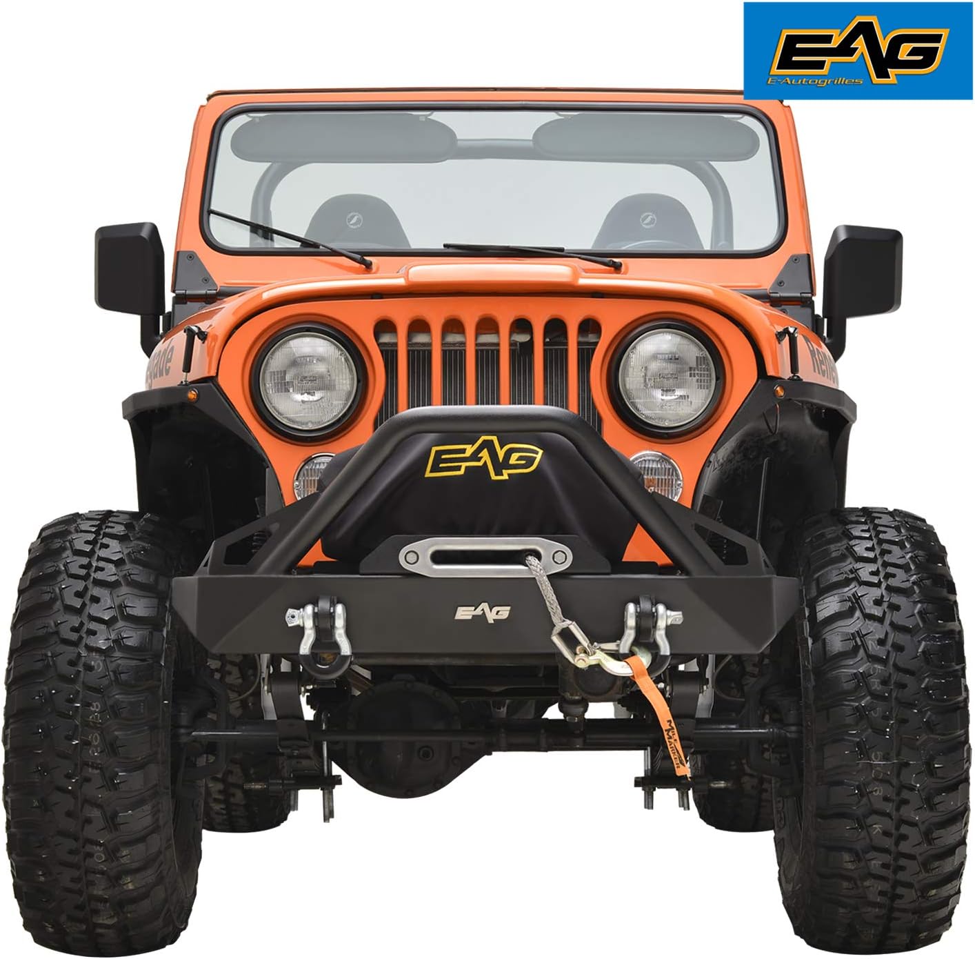 EAG Stubby Front Bumper with Winch Plate and D-Rings Black Textured Fit for 76-86 Wrangler CJ