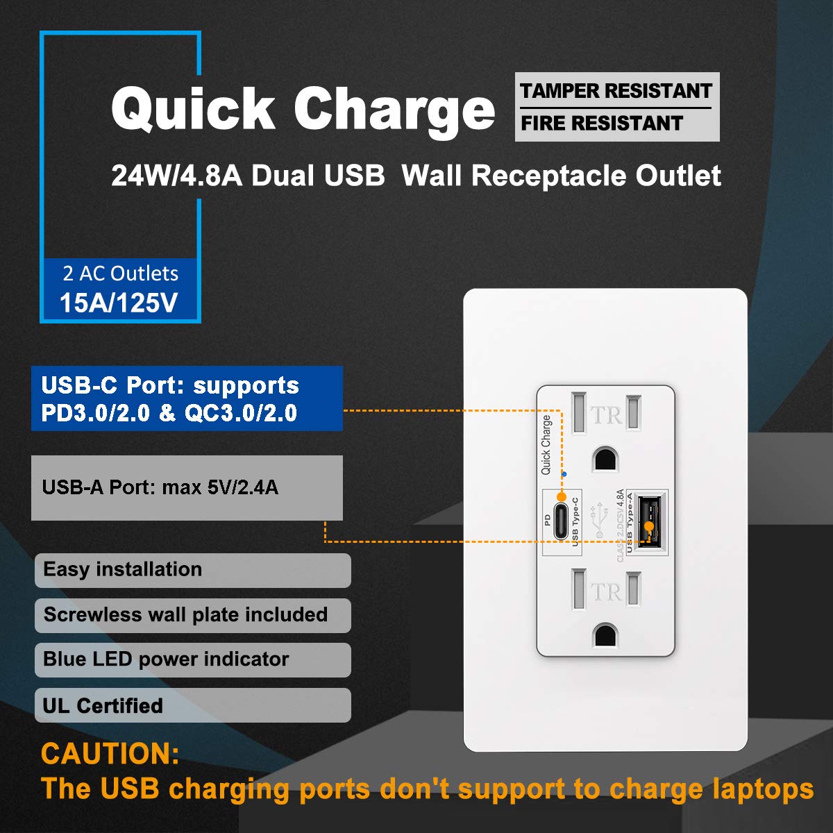 (2 Pack) CML 15 Amp USB C Quick Charge Receptacle Outlet, PD 3.0 and QC 3.0, 5V/9V/12V Max 24W, 15A Tamper Resistant Plug, Decor Screwless Wallplate Included, UL Listed
