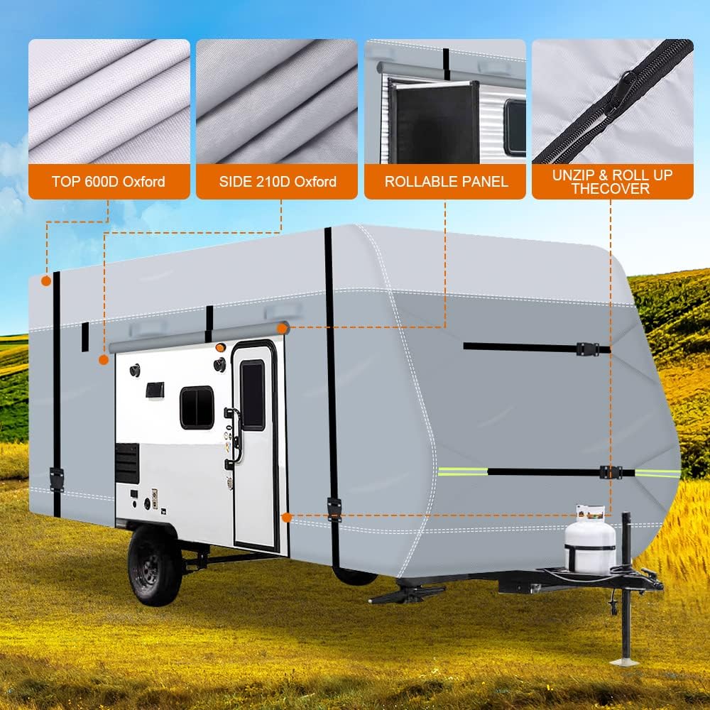 TeukRiGa Travel Trailer RV Cover, 600D Upgraded Layer Top Waterproof Oxford Travel Trailer Camper Cover for 28'7''-31'6'' with Tire Cover, Tongue Jack Cover
