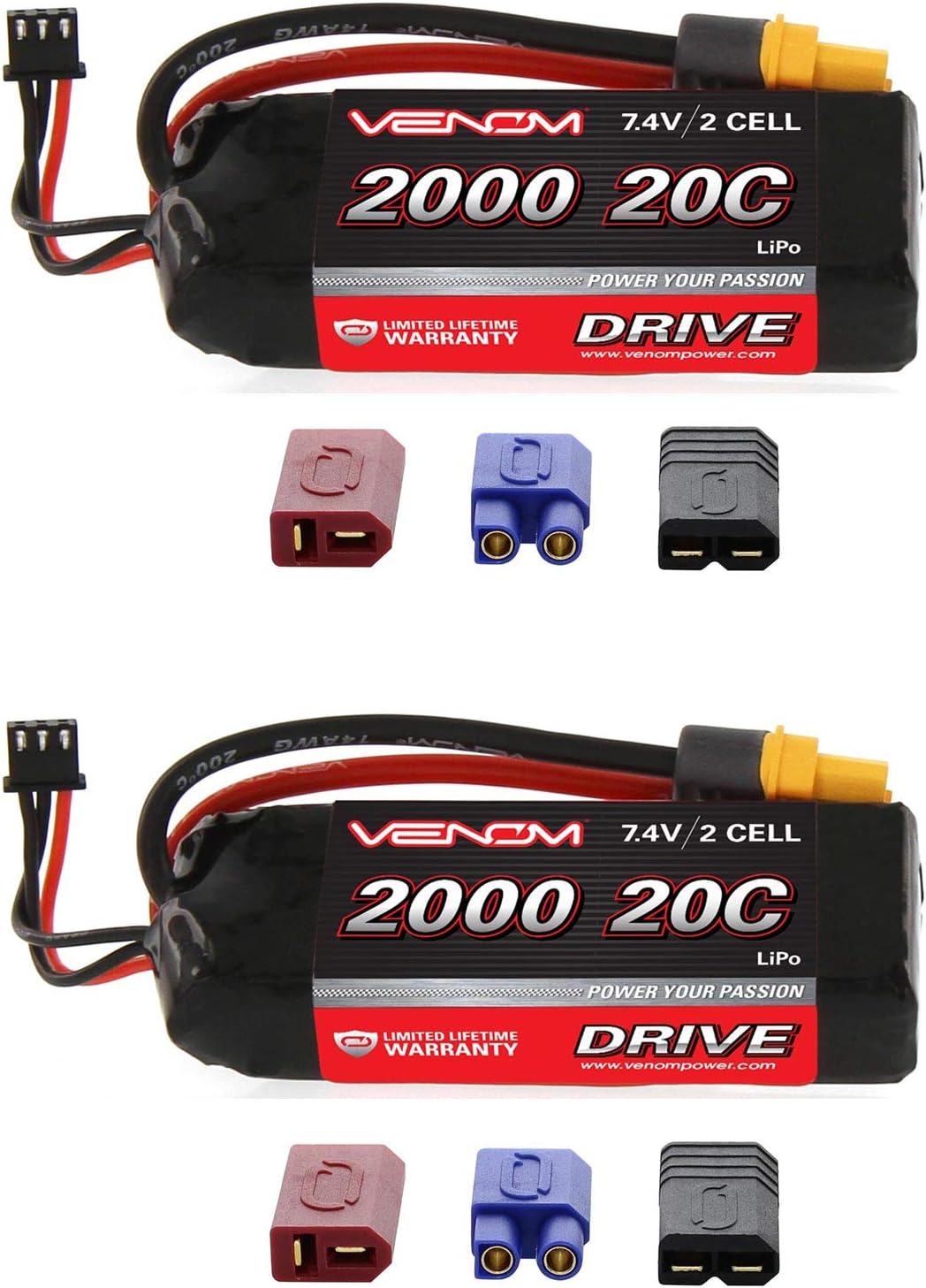 Venom 20C 2S 2000mAh 7.4V LiPo Battery with Universal Plug (2 Packs)