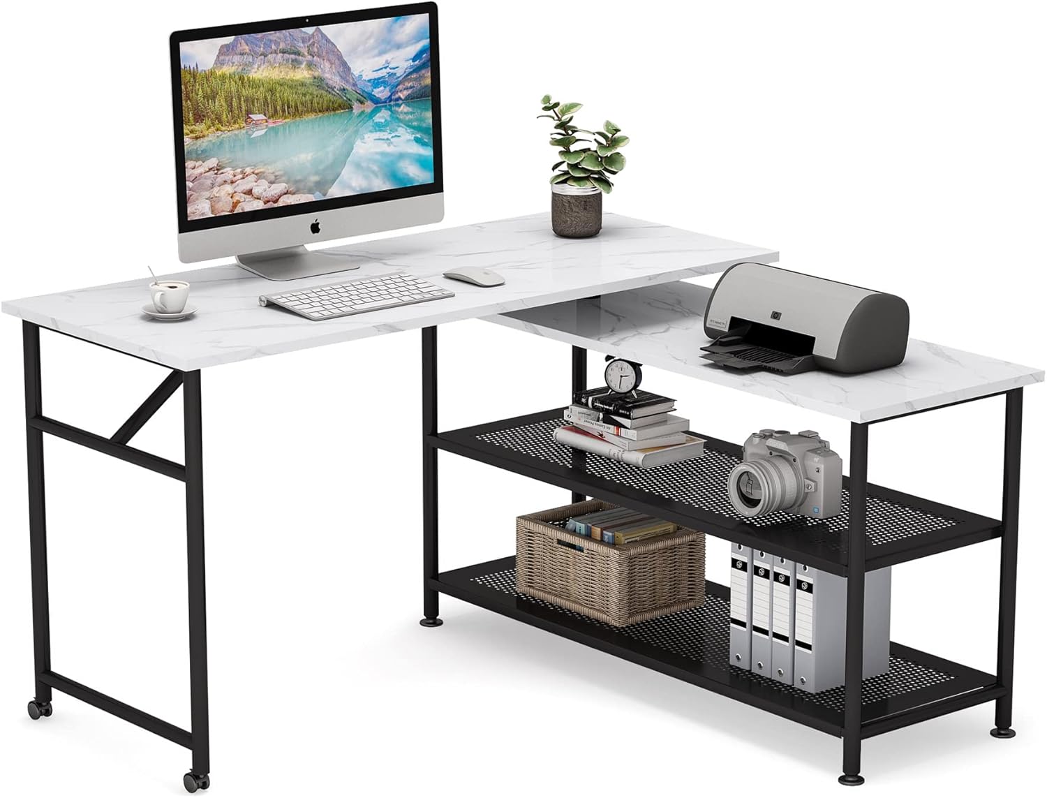 Tribesigns Modern L-Shaped Desk with Storage Shelves, 360°Rotating Desk Corner Computer Desk Study Writing Table Workstation with Open Shelves for Home Office, High Glossy Finish (Black)