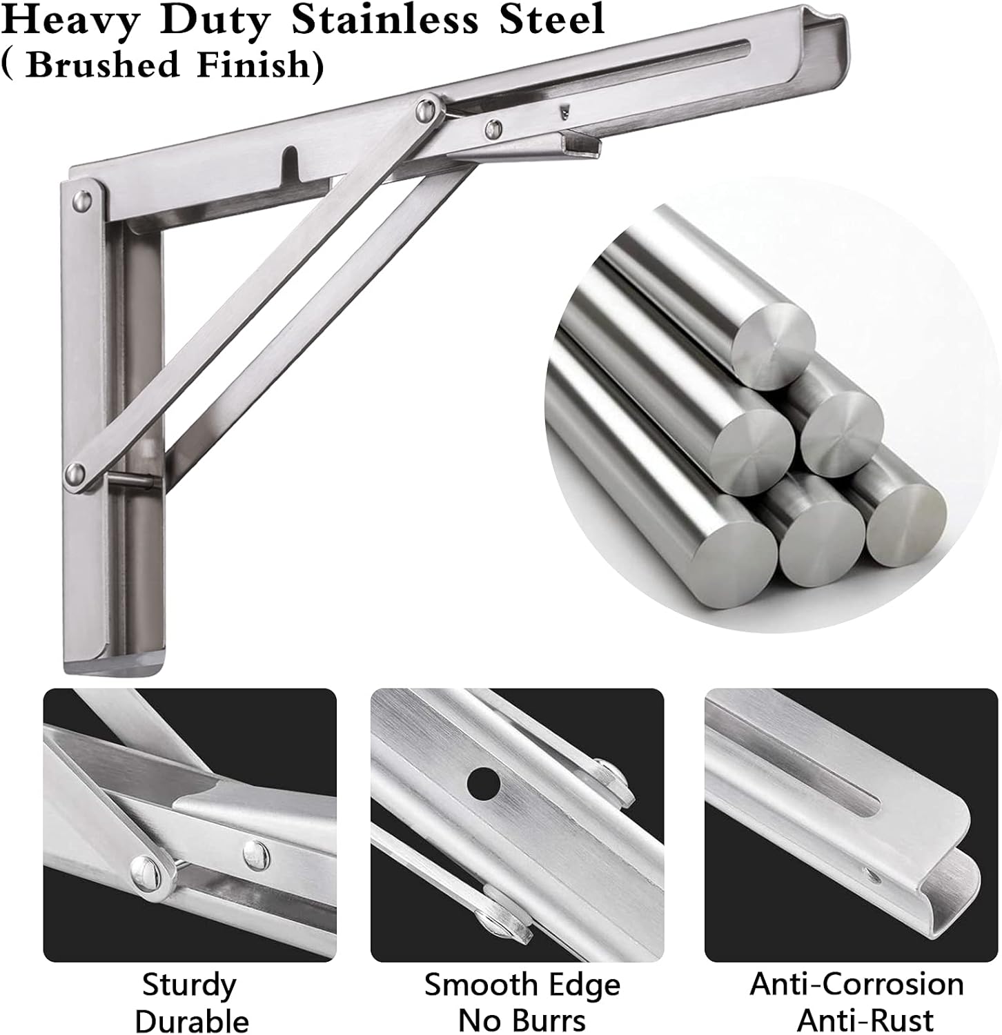 24 inch Folding Shelf Brackets, Pynsseu Heavy Duty Stainless Steel Collapsible Shelf Bracket, DIY Triangle Folding Shelf Bracket Wall Mounted for Table Work Bench Space Saving, 2 Pack