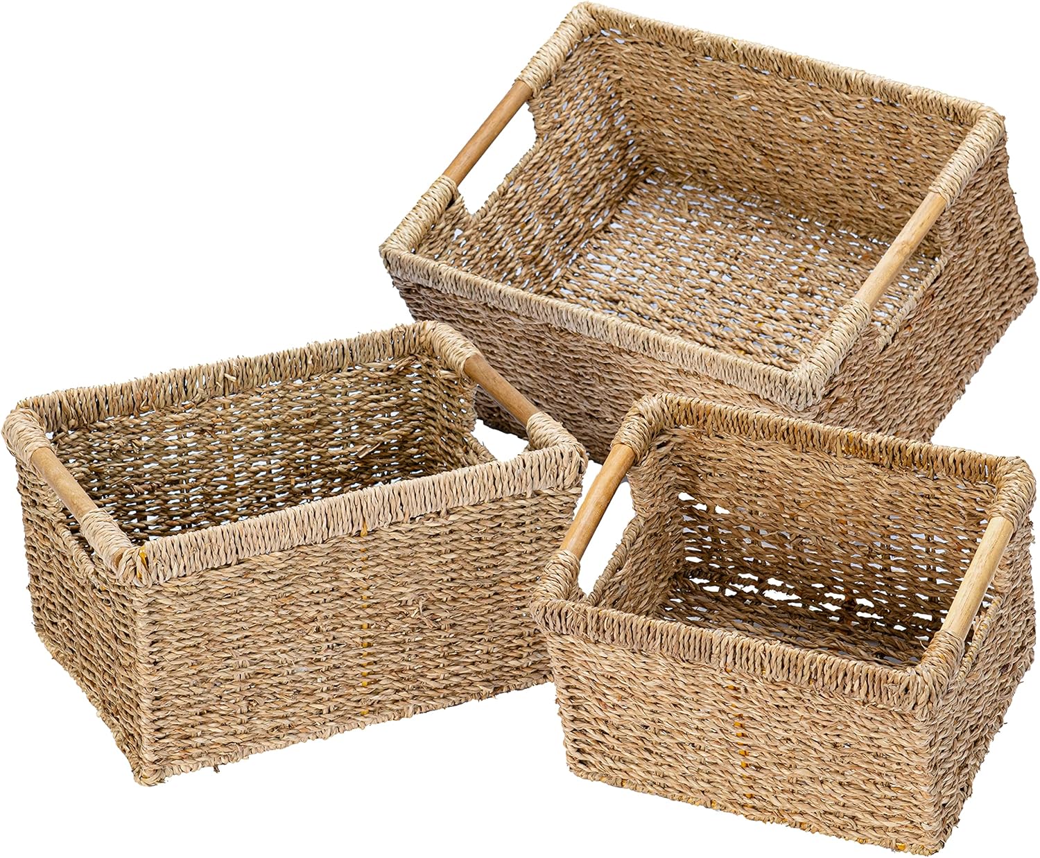 VATIMA Wicker Baskets for Storage Organizing, Seagrass Storage Baskets Rectangular with Wooden Handles for Shelves, Natural Wicker Storage Basket Bins - Set of Wicker Baskets for Home Organization Pack of 2