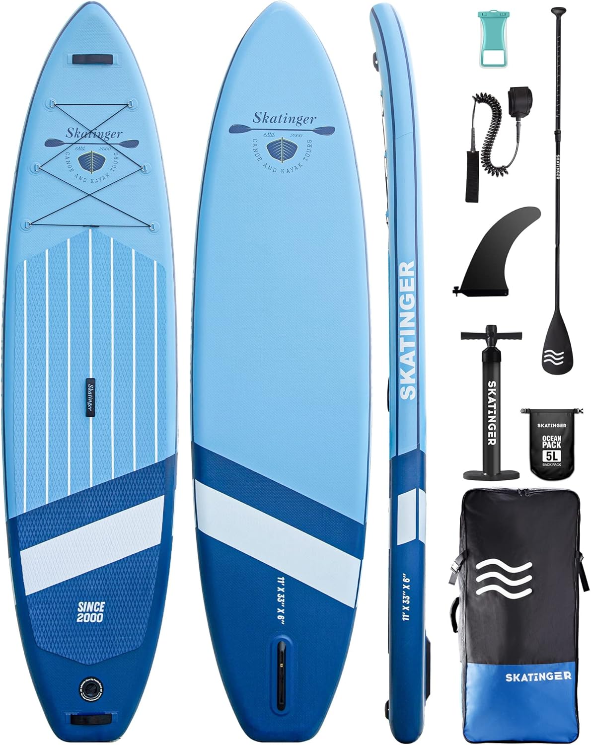 Skatinger Inflatable Stand Up Paddle Boards, 11'x34''x6'' SUP Paddleboard Inflatable, Yoga Stand Up Paddle Board w/1600D Backpack, 6 Extra D-Rings, Shoulder Strap, US Central Fin, 2-Action Pump.