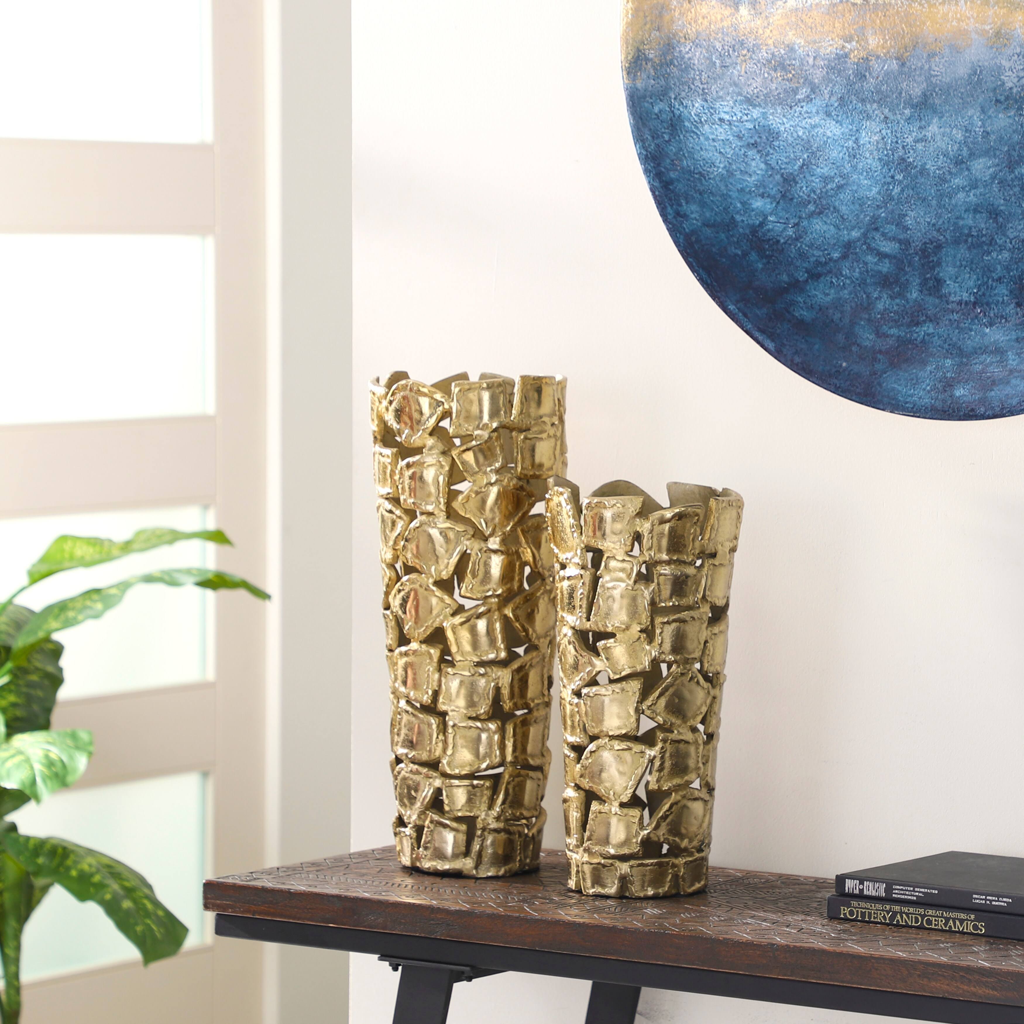 Venus Williams Tall Gold Aluminum Metal Vase with Abstract Rectangular Textured Pattern Set of 2 17 20 | 80743