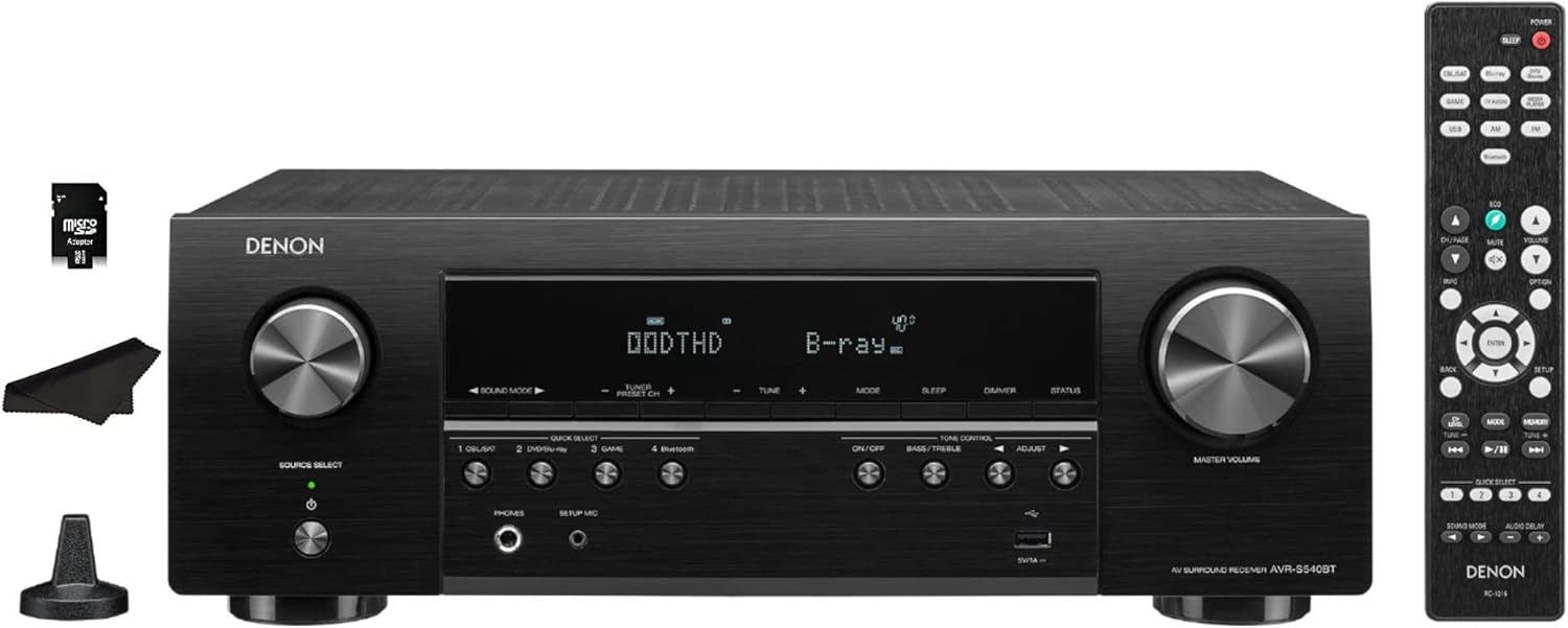 Denon - AVR-S548BT Receiver, 5.2 Channel, 4K Ultra HD Audio and Video, Home Theater System, Built-in Bluetooth and USB - Black | Includes Kwalicable Micro SD Card & Cleaning Cloth