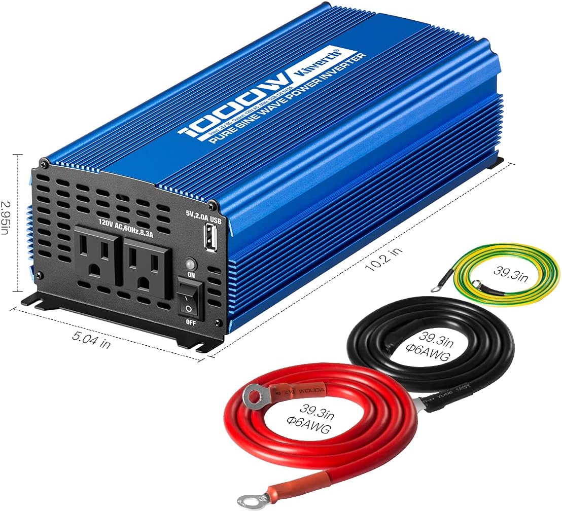 kinverch 1000W Pure Sine Wave Inverter DC 12V to AC 110V Car Power Inverter with Dual AC Outlets & 2A USB Ports Solar Inverter