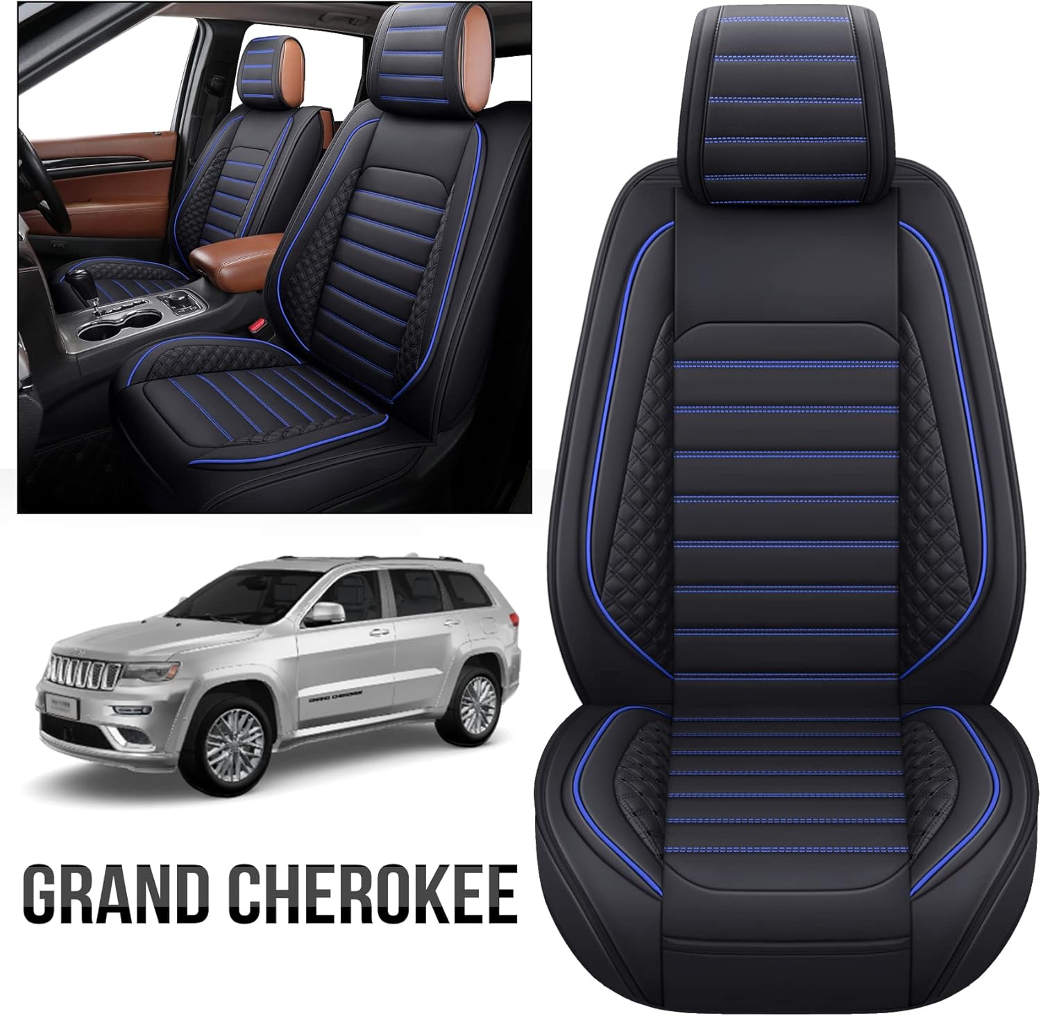 YIERTAI for Jeep Grand Cherokee Seat Covers Fit 2011-2022 Laredo High Altitude Limited Overland Trailhawk Summit Reserve SRT Waterproof Faux Leather Front Seats(2 PCS Front/Black-Blue)