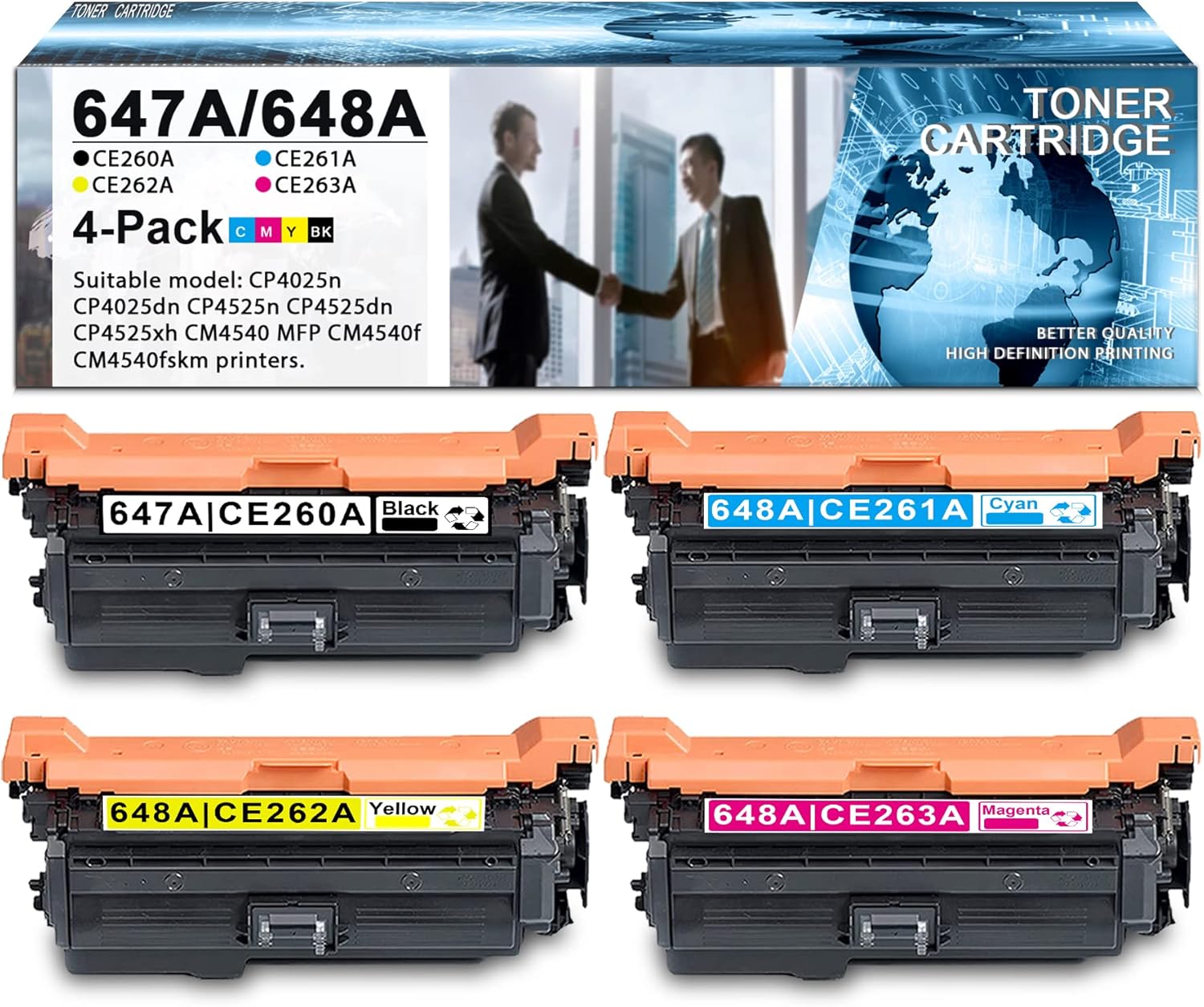 647A/648A Series 4 Pack (1BK+1C+1M+1Y) CE260A CE261A CE262A CE263A Compatible Remanufactured Toner Cartridge Replacement for HP CP4025n CP4025dn CP4525n CP4525dn CP4525xh Printers Toner -by NITROINK