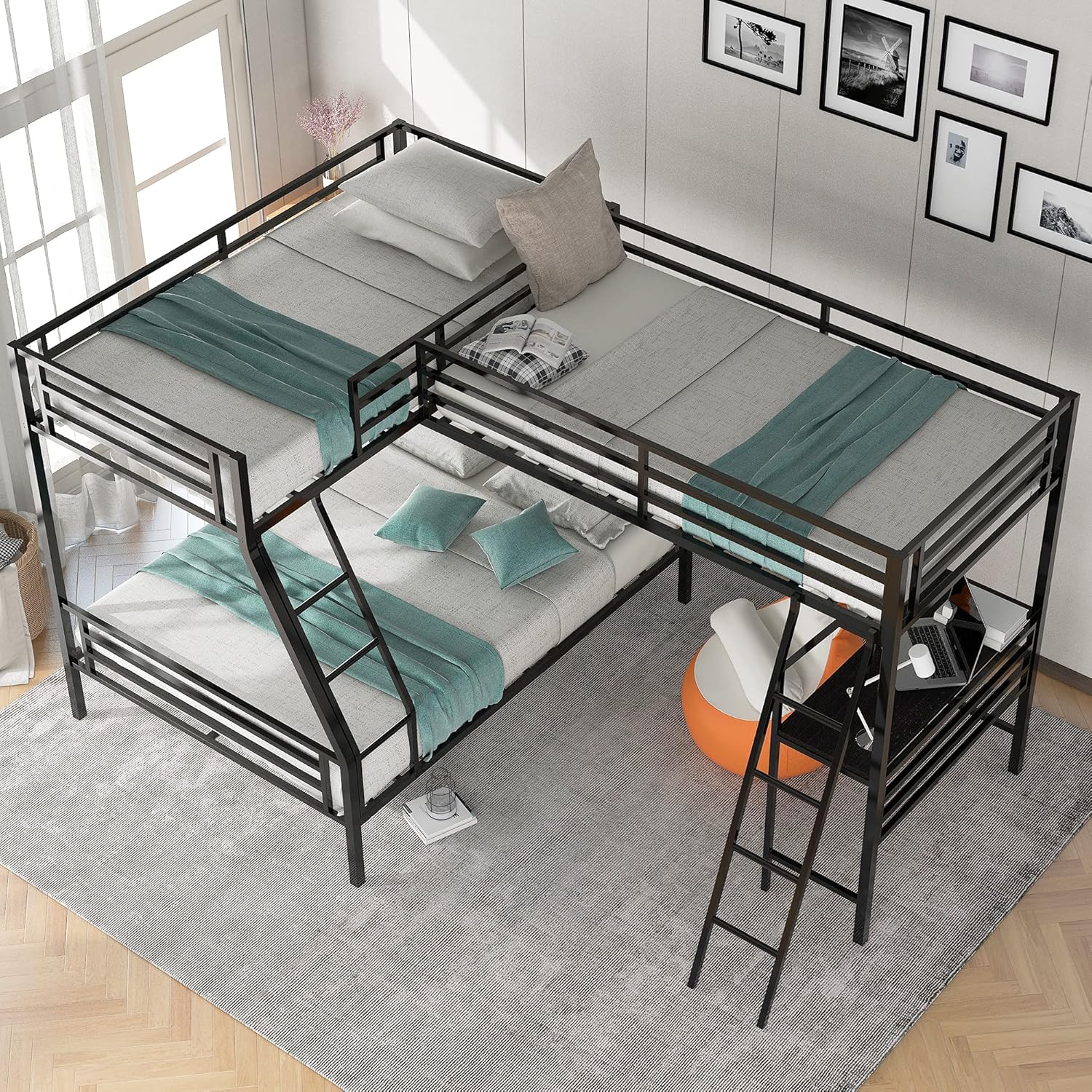 Polibi L-Shaped Metal Corner Bunk Bed with Two Ladders, Twin Over Full Bunk Bed with Twin Loft Bed and Desk, Black