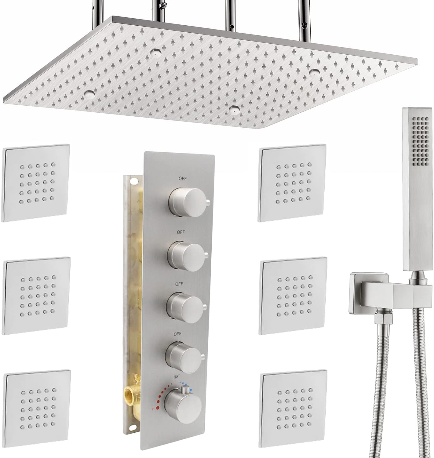 HOMEDEC Luxury 4-in-1 Thermostatic Brass Shower System Can Run At Once, 20 inch LED Mist Rainfall Shower Head + 6 Body Jets + Handheld, Shower Faucet Complete Set (20inch, Matte Black)