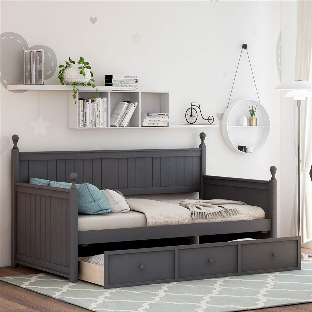 Wooden Twin Daybed with 3 Storage Drawers, Space-Saving Sofa Bed for Bedroom Living Room (Grey with Drawer)