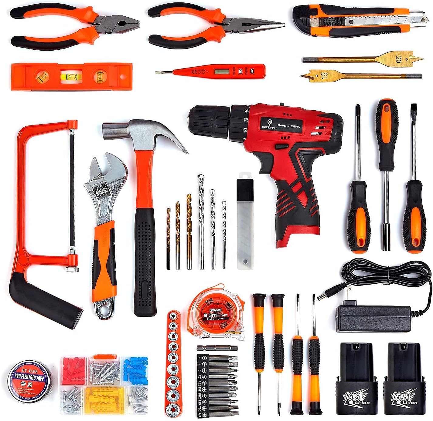OMUSA-PDI Tool Kit with Drill, 108Pcs Power Tools Combo Kit, 16.8V Home Tool Kit Drill Set, Cordless Hammer Drill Tool Kit, DIY Hand Accessories Tool Kits Pack of 2