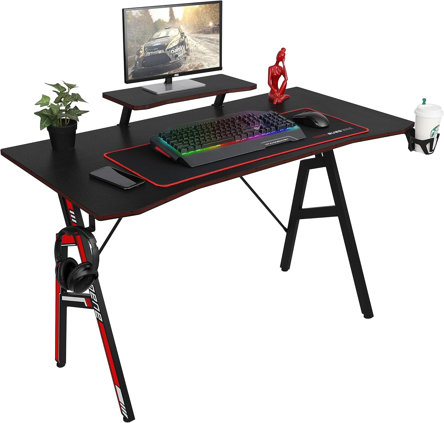 AuAg 44 inch Gaming Desk with Monitor Shelf PC Desk, A-Shaped Gaming Table Home Office Computer Desk Modern Ergonomic Racing Style Gamer Workstation with Cup Holder and Headphone Hook (44
