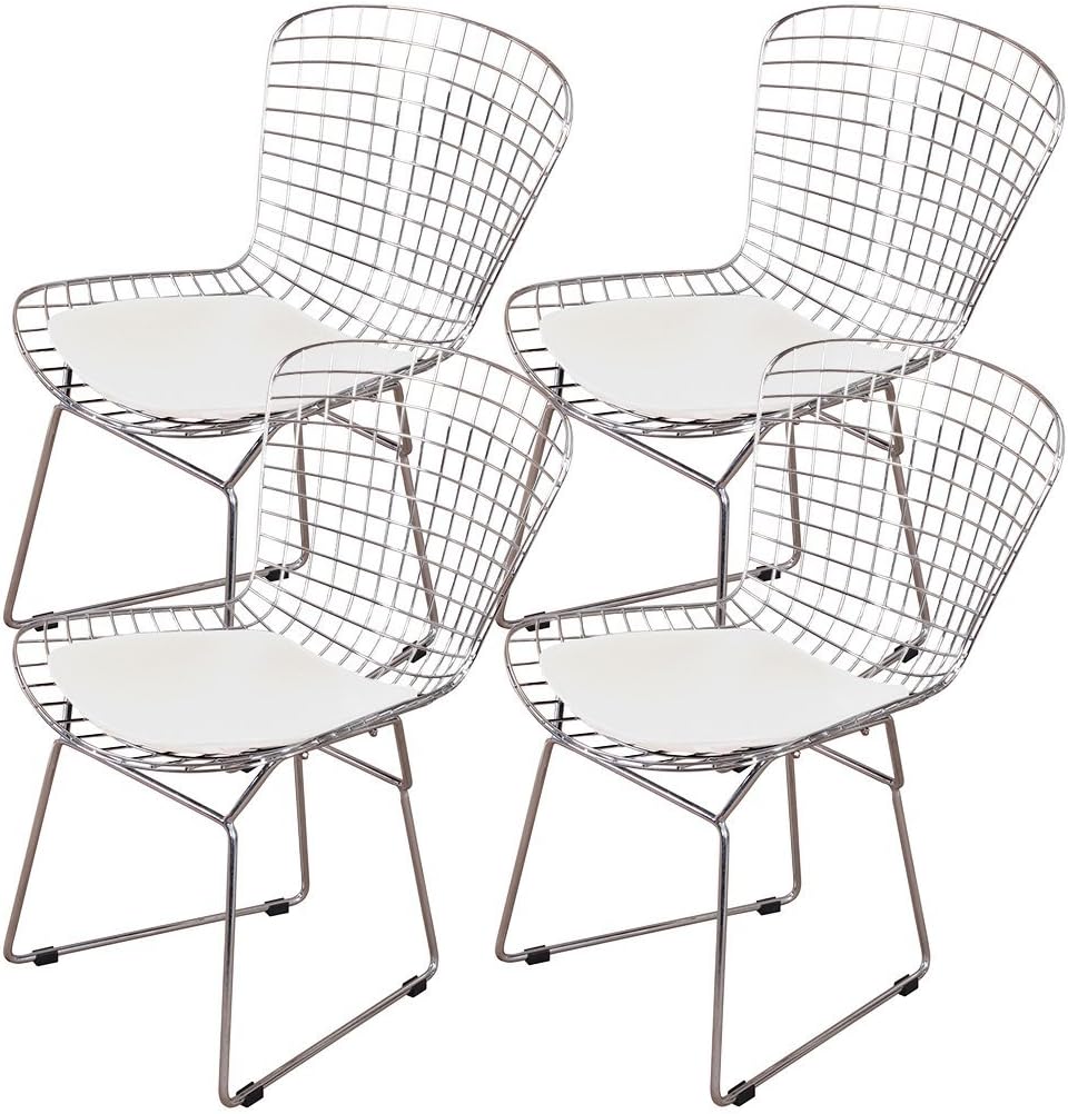 SHISEDECO Wire Side Chair White Color. Modern Accent Metal Chair with Steel Frame 4 Packs - Chromed Wire Frame with Plastic Feet & PU Leather Cushion (White 4 Set)