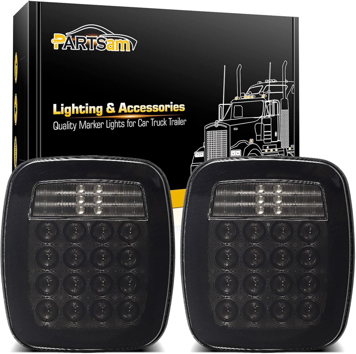 Partsam 2Pcs Universal Smoked Square Combination 38 LED Signal Tail Lights w/License Plate Lights Flatbed Trucks Brake Stop Turn Tail Light Backup Reverse Lights for Wrangler CJ TJ YJ Tail Lights 12V Pack of 2