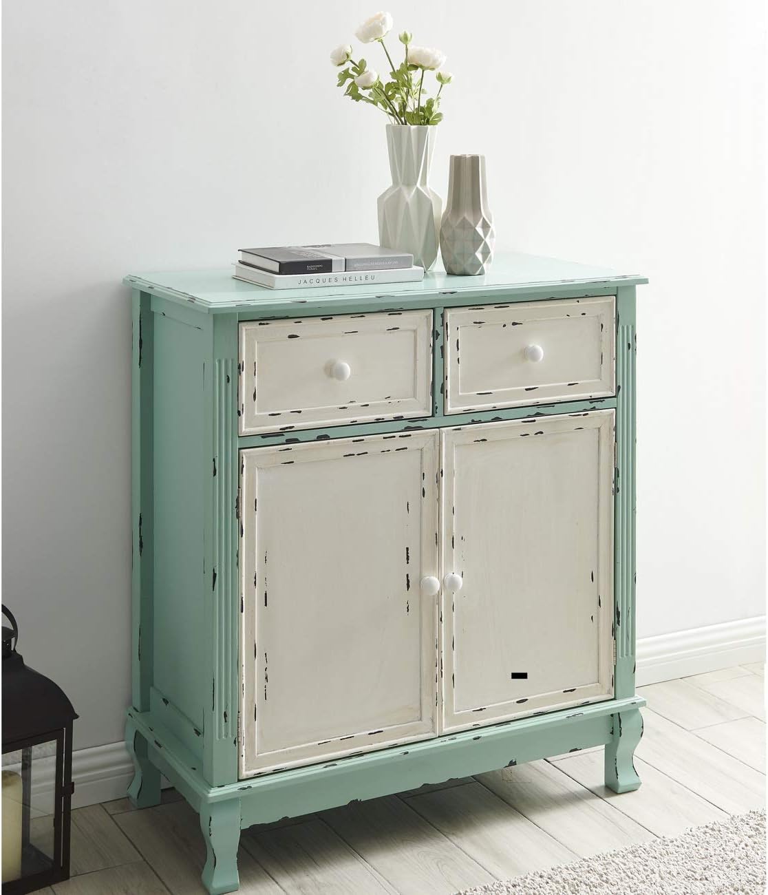 BELLEZE Rustic Wood Entryway Sideboard Cabinet, Antique Farmhouse Vintage Traditional Accent Storage Chest, Two Tone Living Room Decor - Abbey (Sea Foam Green)