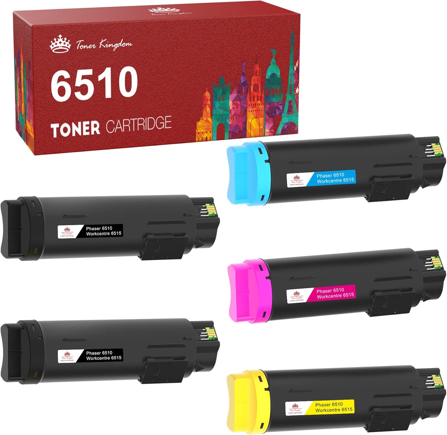 Toner Kingdom Compatible 6510 Toner Cartridge Replacement for Xerox Phaser 6510 WorkCentre 6515 to Use with 6515/DNI 6510/DN 6515/DN Printer High Yield (5-Pack, 2 Black 1 Cyan 1 Magenta 1 Yellow) Pack of 2