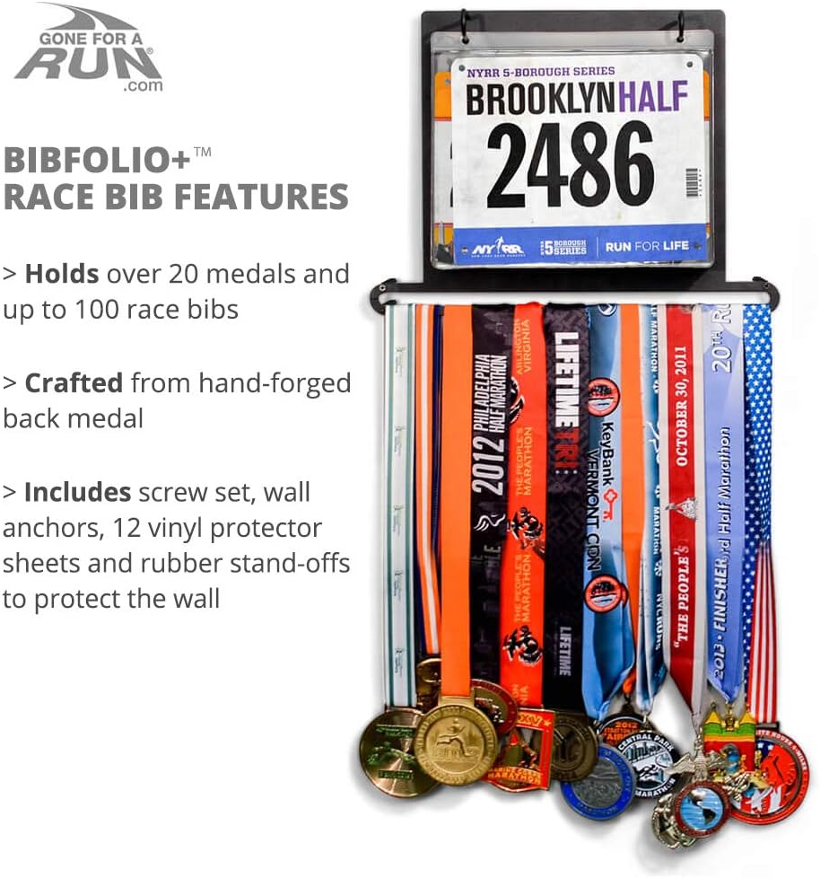 Gone For a Run BibFOLIO Plus Race Bib and Medal Display | Wall Mounted Medal Hanger – Displays up to 24 Medals and 100 Race Bibs Pack of 2