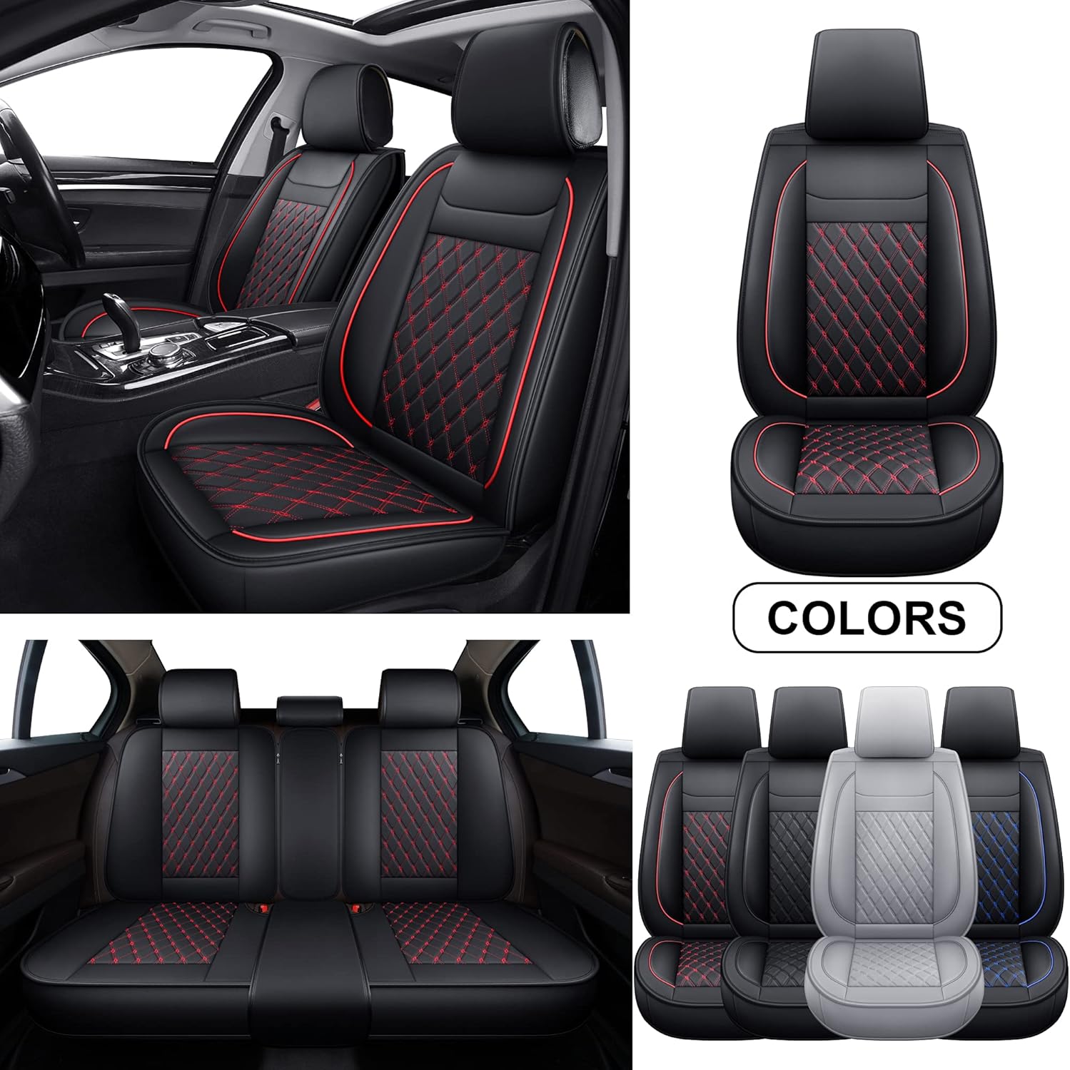 LUCKYMAN CLUB Universal Rear Car Seat Covers P02-U1 with Faux Leather, Fit Most Sedan SUV Truck Hatchback (Rear only, Black)