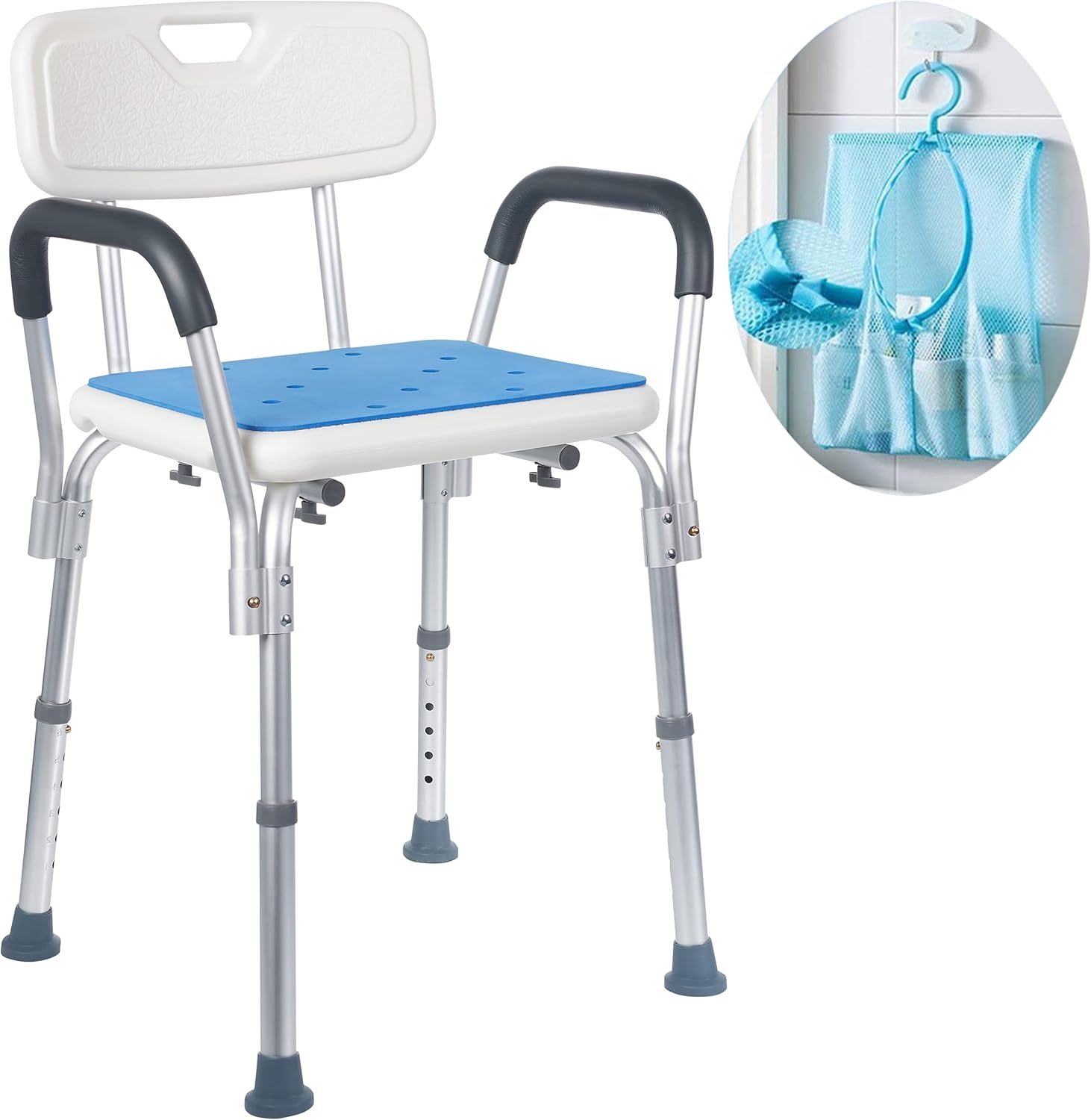 Medokare Shower Chair for Inside Shower - No Tool Required Adjustable Shower Chair with Arms and Back for Elderly and Disabled - White