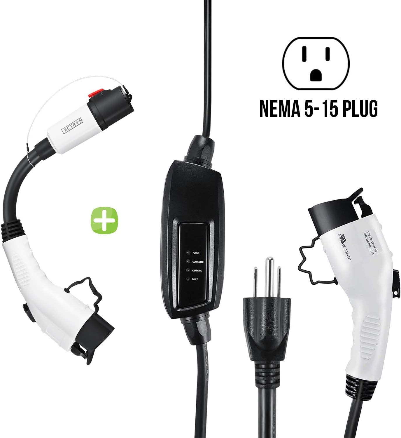 Lectron Bundle - J1772 NEMA 5-15 Plug Electric Vehicle (EV) Charger & Tesla to J1772 Adapter (110V 16A Level 1, Black)