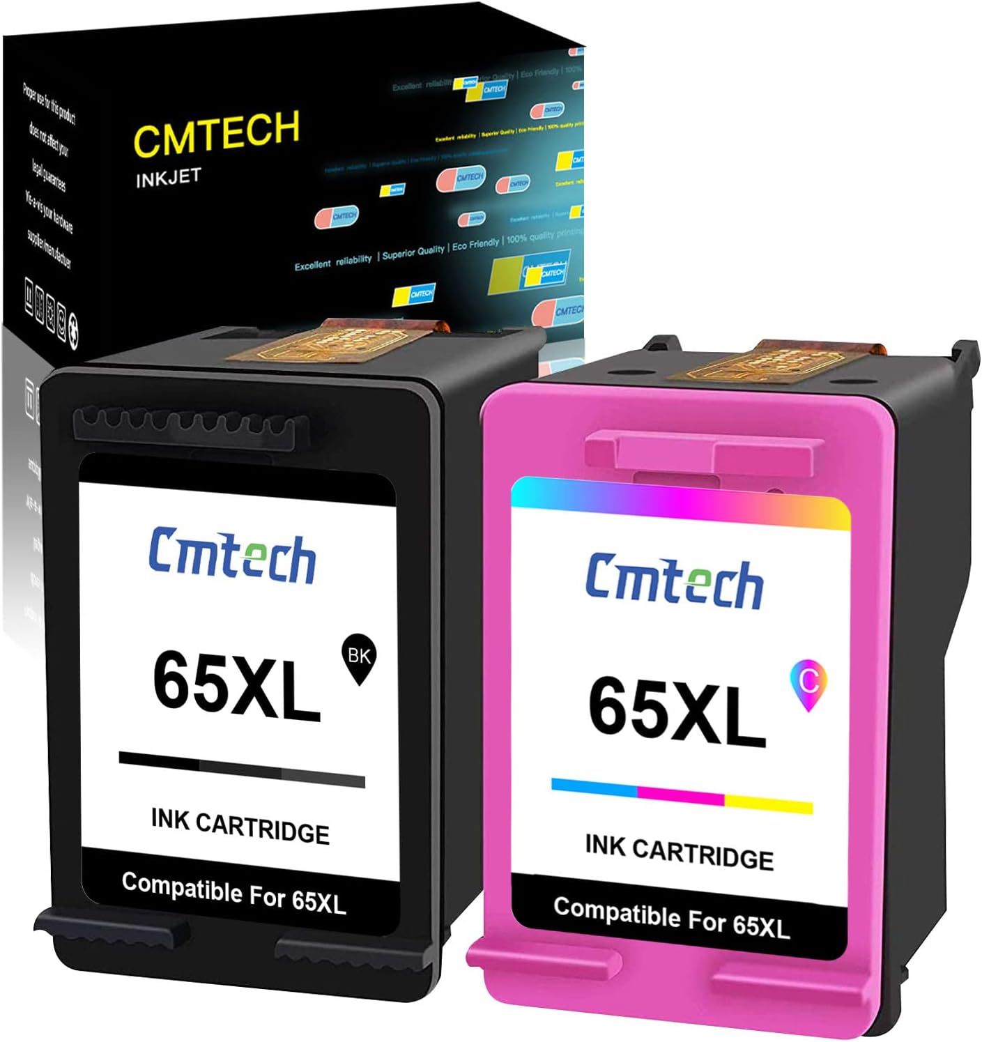 CMTECH Compatible 65XL Ink Cartridges Replacement for HP 65XL 65 XL Work for HP Envy 5055 5052 5014 5000 5070 5012 DeskJet 3755 2652 3752 2622 2600 3700 2640 2655 2624 Printer(1 Black ,1 Tri-Color) Pack of 2