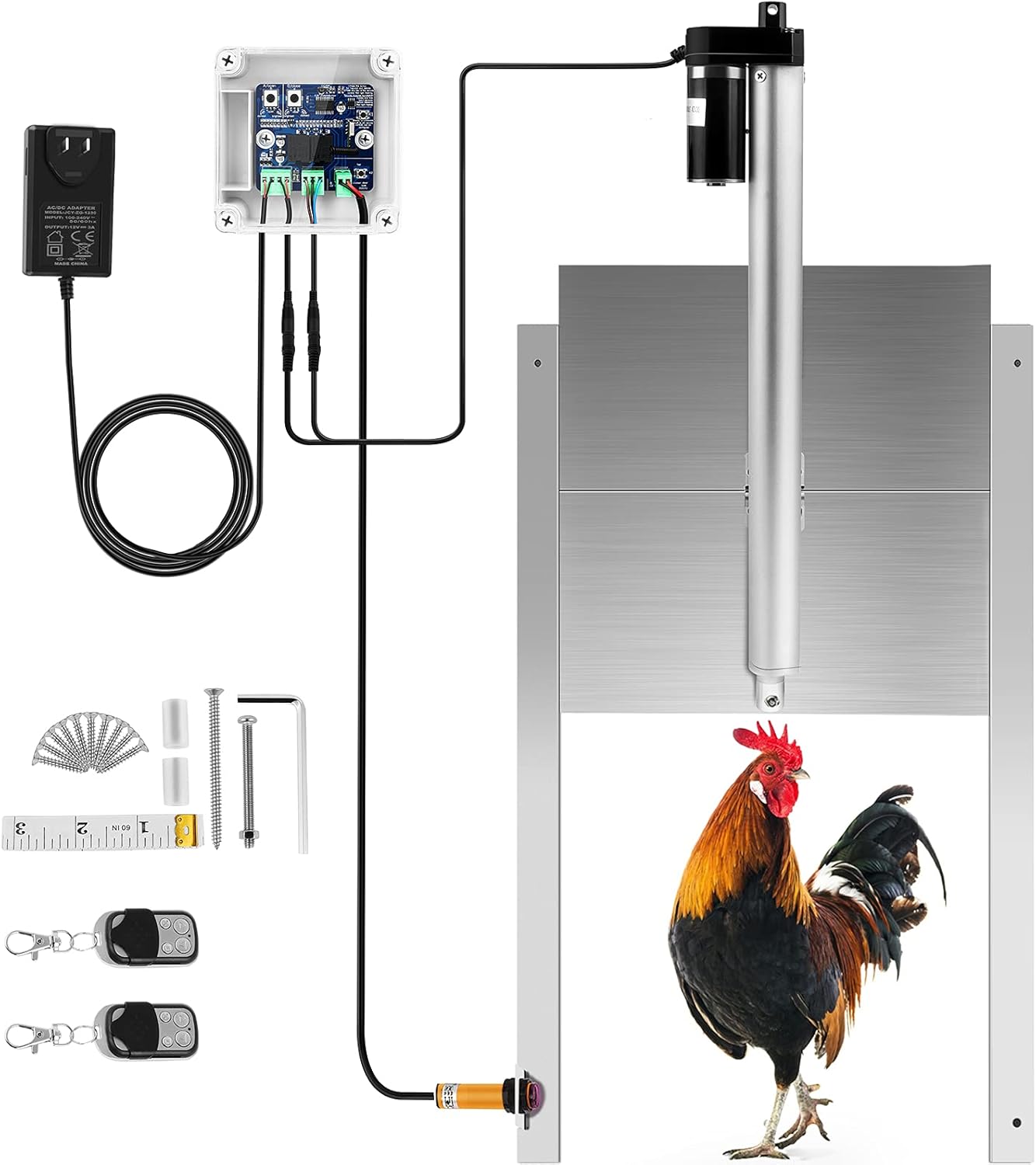 Automatic Chicken Coop Door Opener Automatic Closing Induction Controller, Actuator Motor and Automatic Door Opener Design with Two Remote Controll