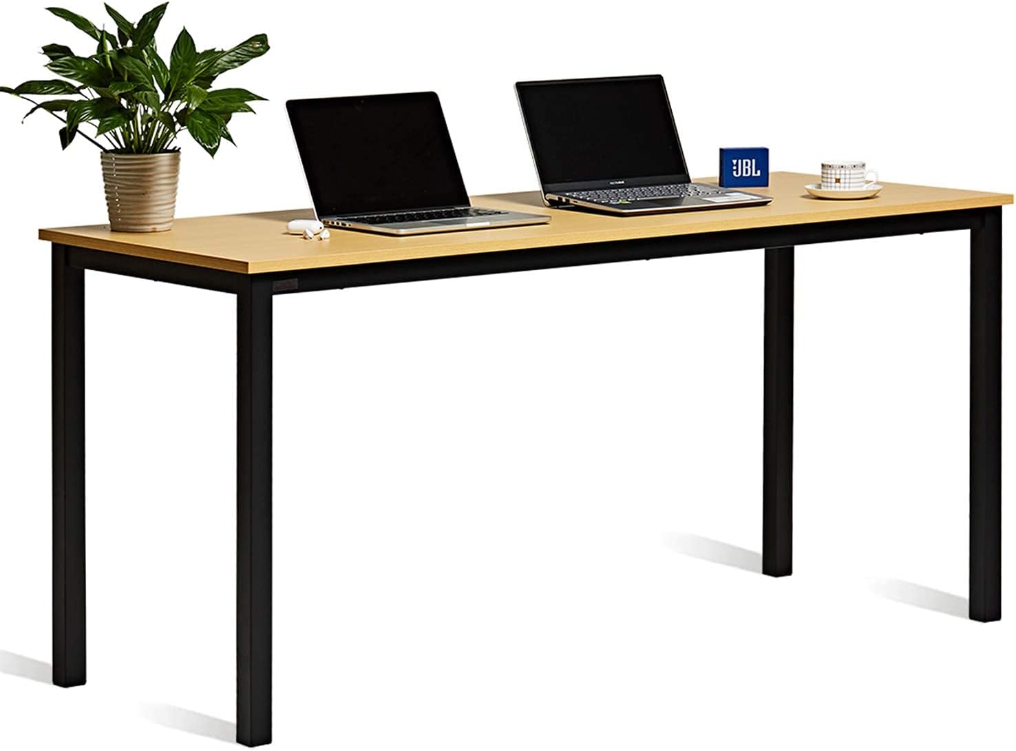 USHOW Computer Desk 63 inches Large Size Desk Writing Desk,Modern Simple Style PC Table,Black Metal Frame for Home Office,Oak