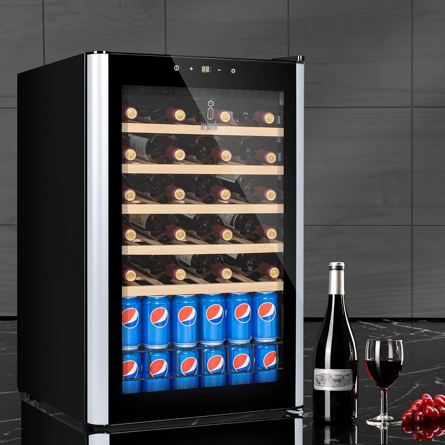 Wine Cooler Refrigerator, ICEJUNGLE 49 Bottles Beverage Freestanding Wine Cooler Fridge with Glass Door, Digital Temperature Display and Adjustable Shelves for Soda Beer or Wine, Perfect for Home/Bar/Office,Black