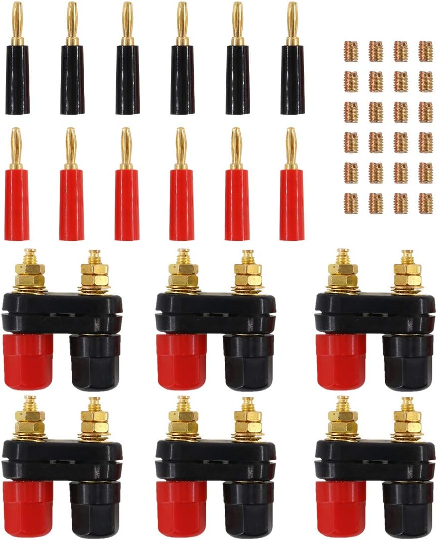 Hilitchi 18 Pcs Speaker Terminal Binding Post Power Amplifier Dual 2-Way Banana Plug Jack(6pcs)+ Red and Black Gold Plated 4mm Banana Plugs(12pcs)