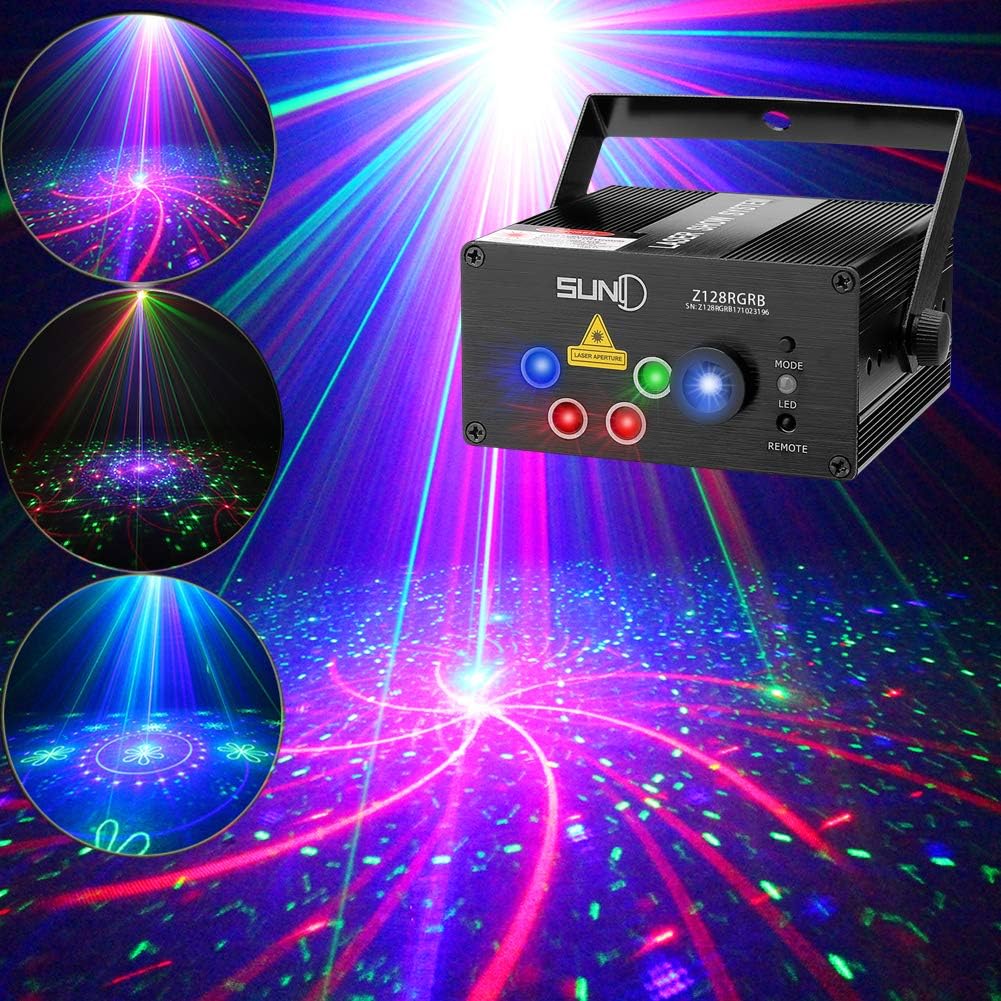 SUNY Stage Party Lights Music Show DJ 128 Combinations Christmas DJ Projector Indoor 5 Lens 3 Color RGB Decoration Light Blue LED Remote Control Stage Lighting Sound Activated Party House Xmas Gifts Pack of 2